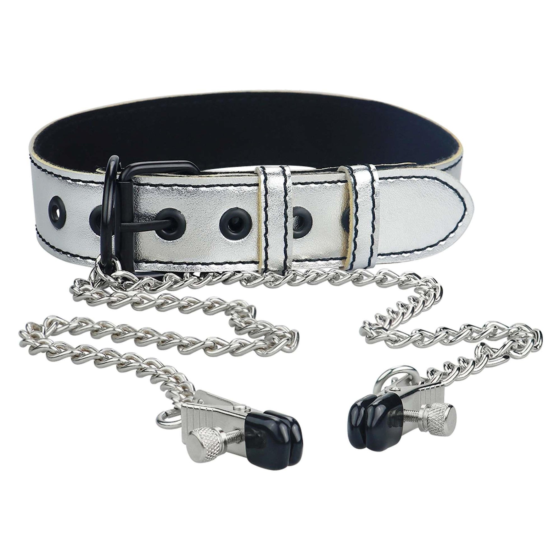 Zgardă BDSM Lovetoy argintie cu cleme pentru mameloane