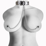 Zgardă BDSM Lovetoy argintie cu cleme pentru mameloane