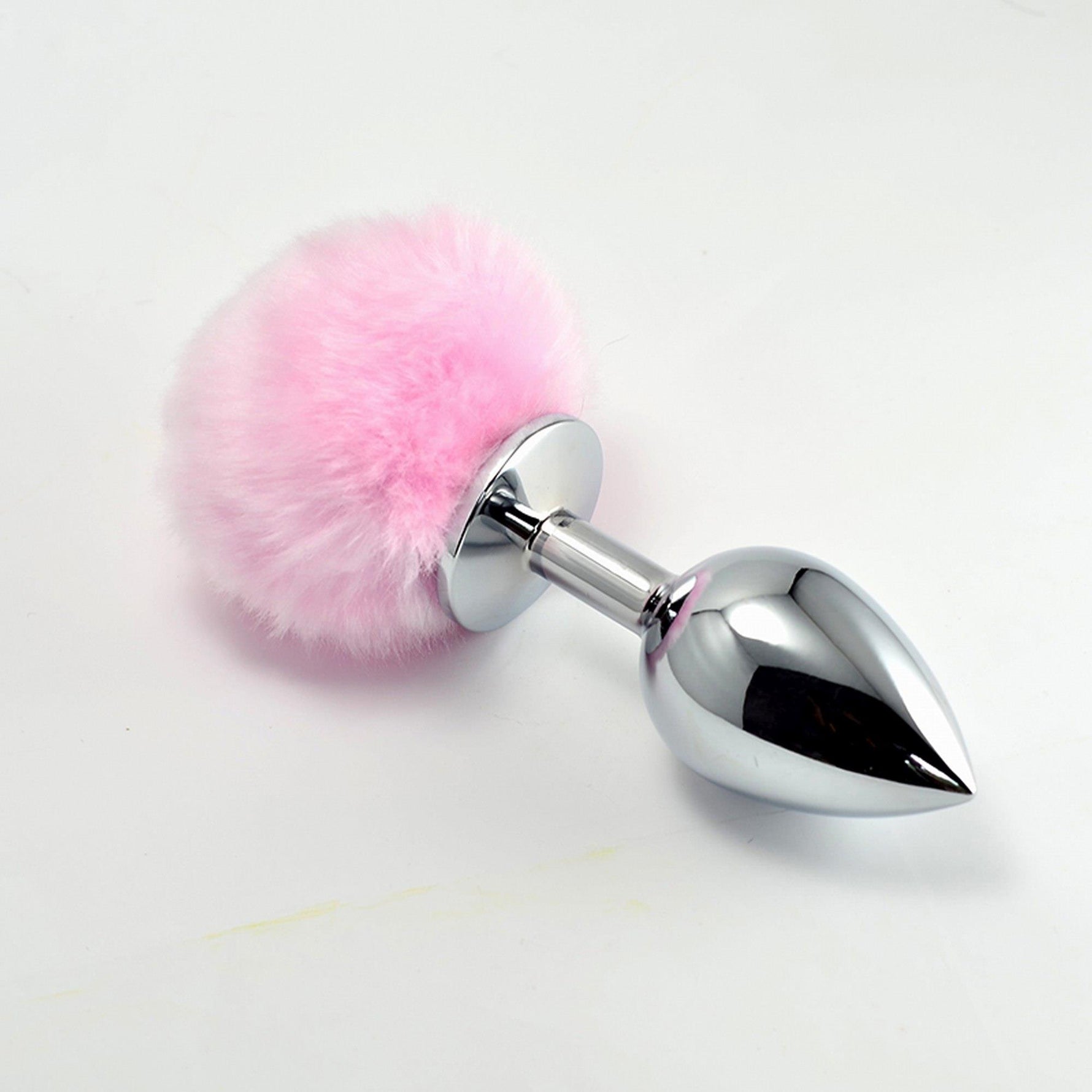 Plug anal mare argintiu cu pompom roz 8 cm Lovetoy