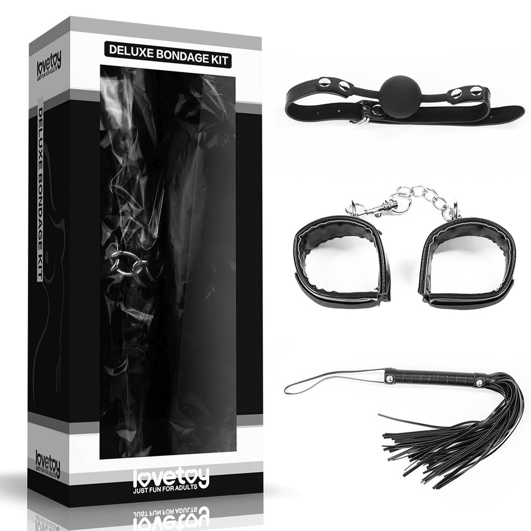 Set de bondage Lovetoy Luxury, bici, cătușe moi, gag, 25 cm