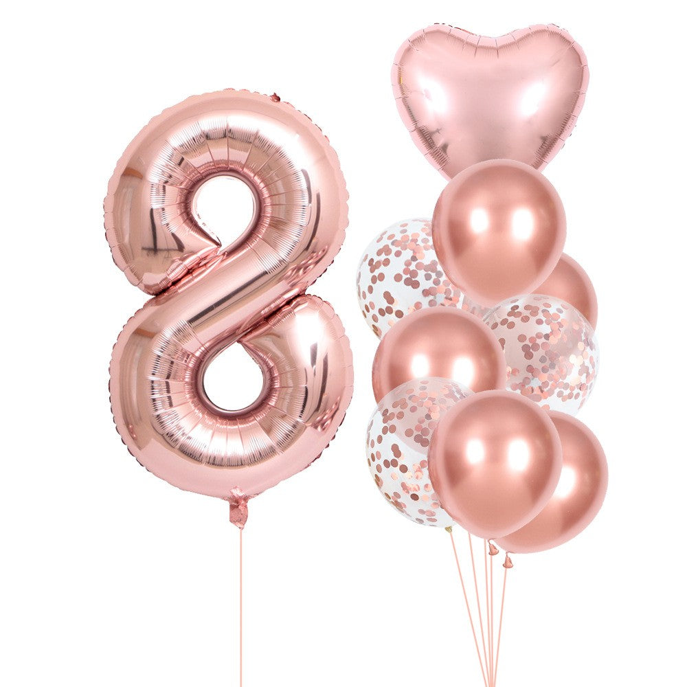 Set 10 Baloane Folie si Latex, Flippy, Tematica Aniversare, Baloane Latex 25cm, Figurina Inimioara 45 cm, Cifra 8 de 81