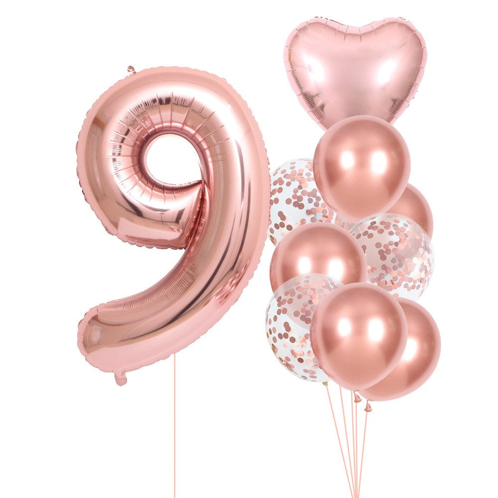Set 10 Baloane Folie si Latex, Flippy, Tematica Aniversare, Baloane Latex 25cm, Figurina Inimioara 45 cm, Cifra 9 de 81