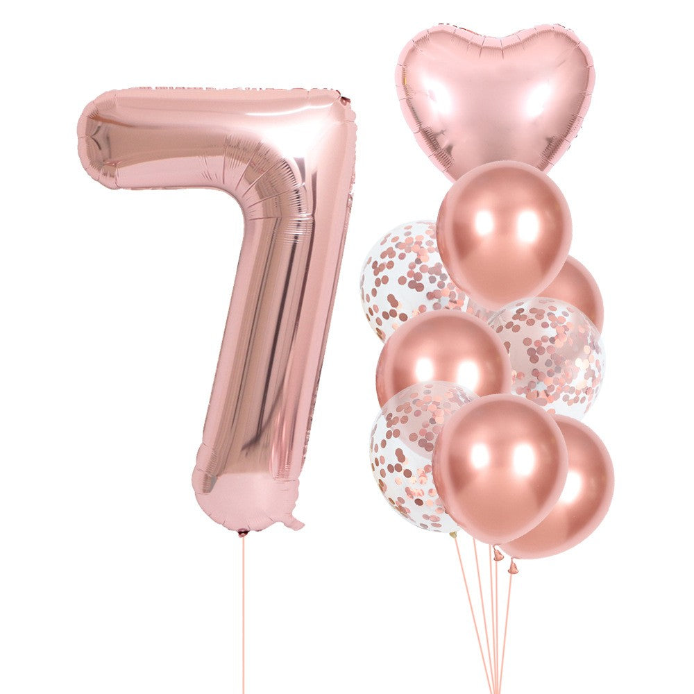 Set 10 Baloane Folie si Latex, Flippy, Tematica Aniversare, Baloane Latex 25cm, Figurina Inimioara 45 cm, Cifra 7 de 81