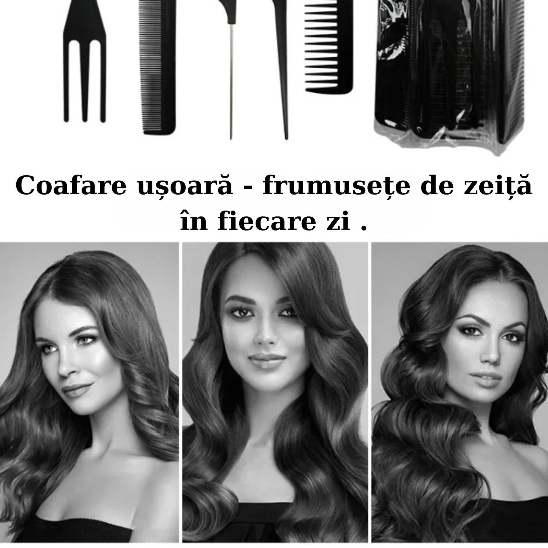 Set piepteni profesionali pentru coafat, Flippy, 10 bucati, PP + Otel inoxidabil, 18,5–22 cm, Rezistenti la caldura,