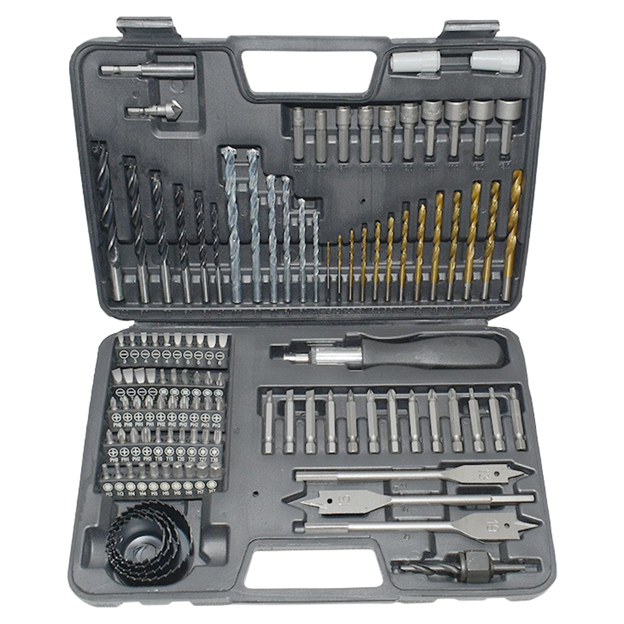 Set Scule Profesionale, Flippy, Set 111 buc, Accesorii Multifunctionale pentru Gaurire si Insurubare, Burghie Lemn,