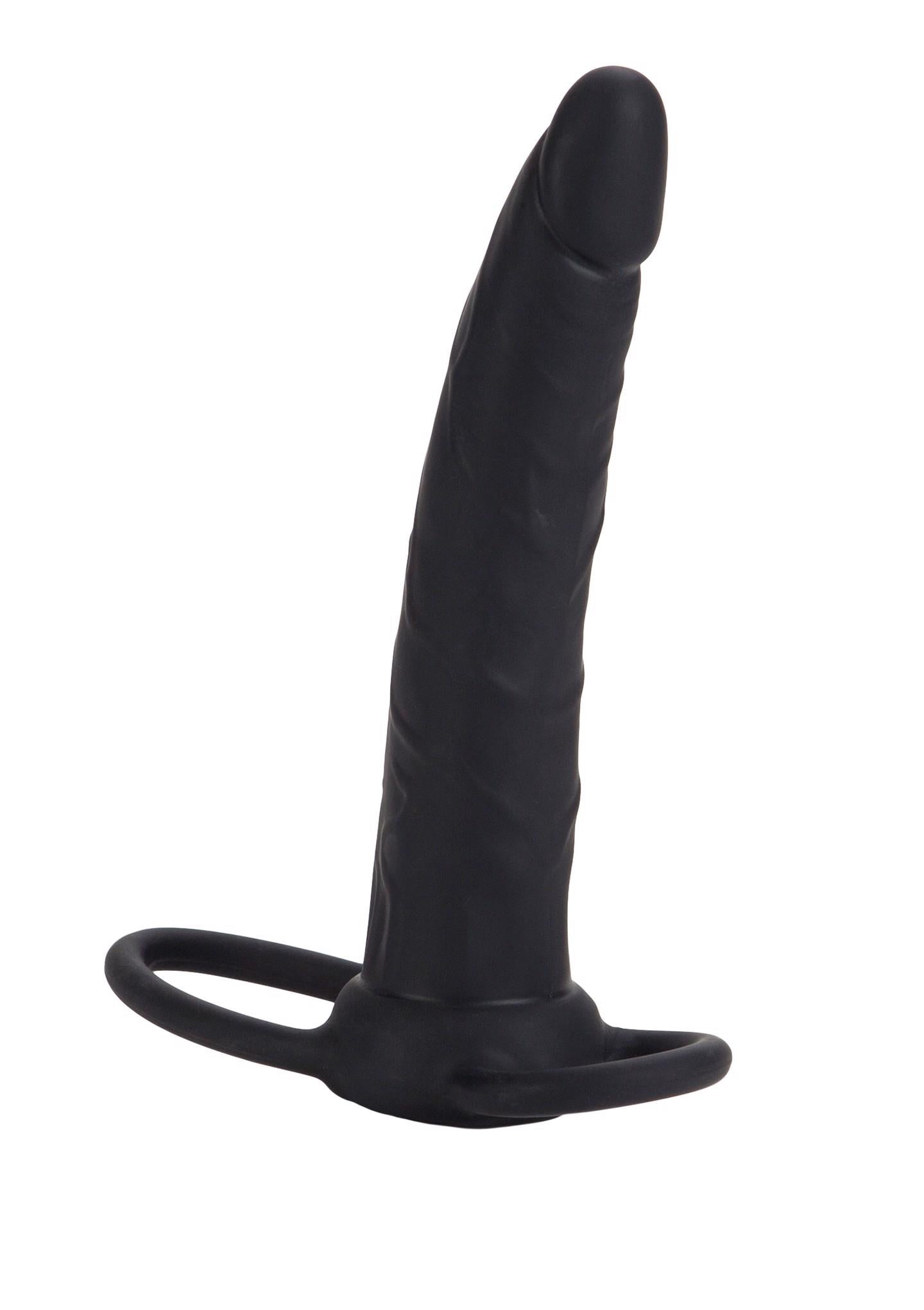 Strap-on cu penetrare dublă din silicon Calexotics negru 14 cm