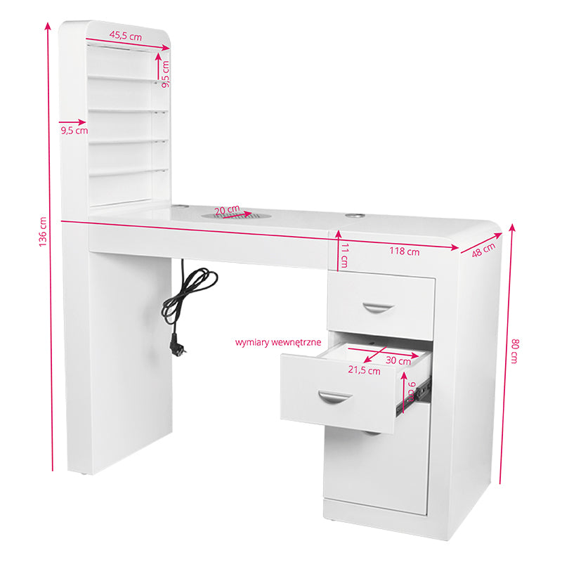 Masă cosmetică 310 cu extractor casetat, albă, stânga