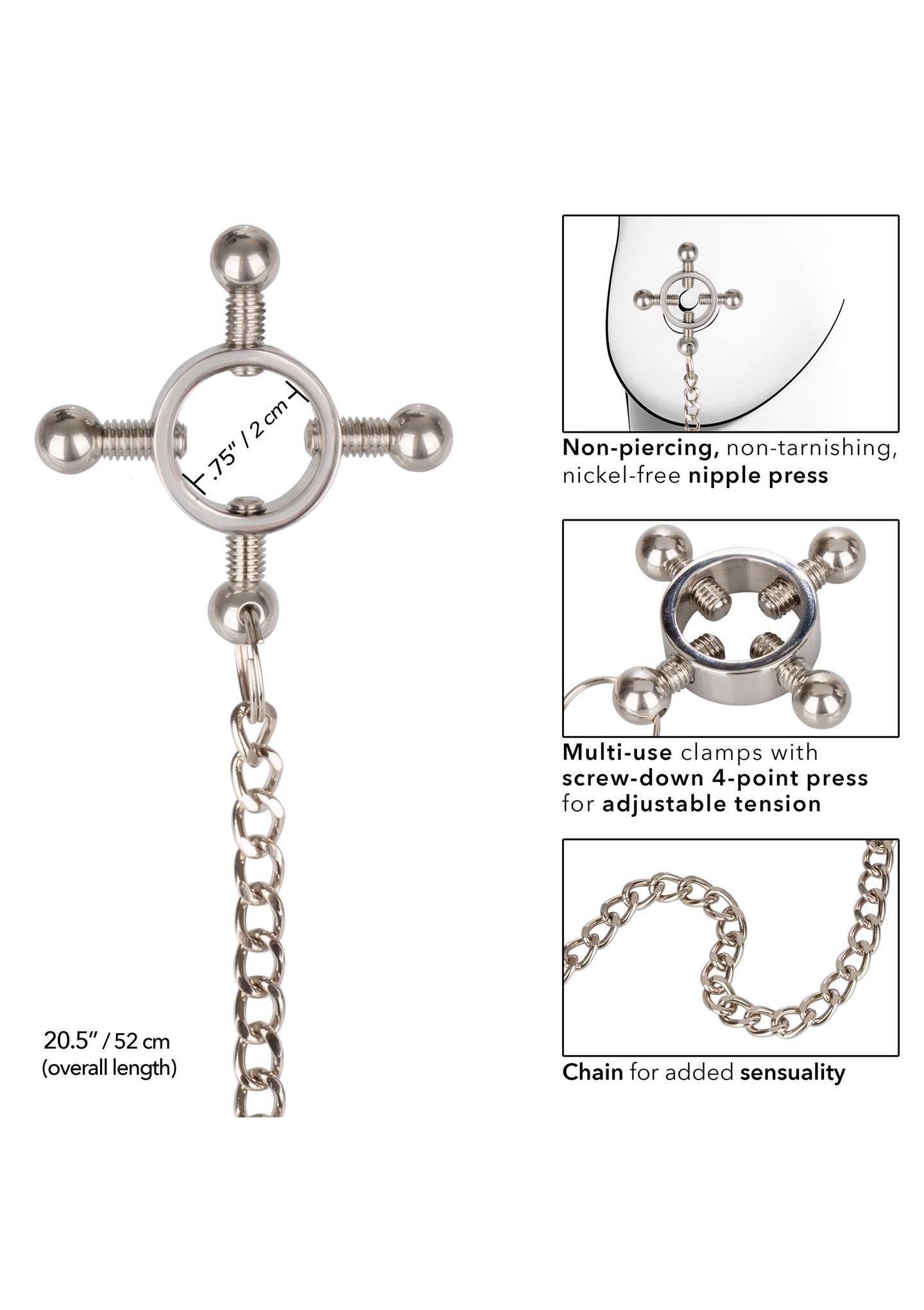 Cleme pentru mameloane Calexotics cu 4 puncte și lanț, oțel inoxidabil, 52 cm