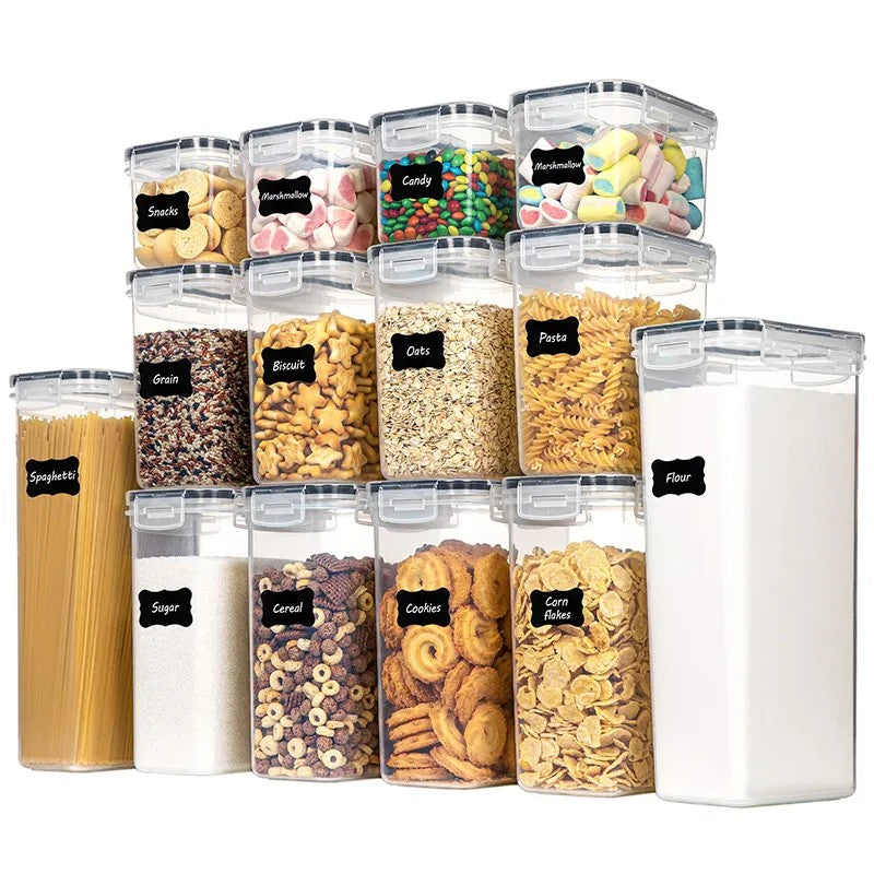 Cutii de depozitare alimente, Flippy, Set din 14 Cutii pentru Condimente, Cereale, Cutii pentru Bucatarie, din Plastic