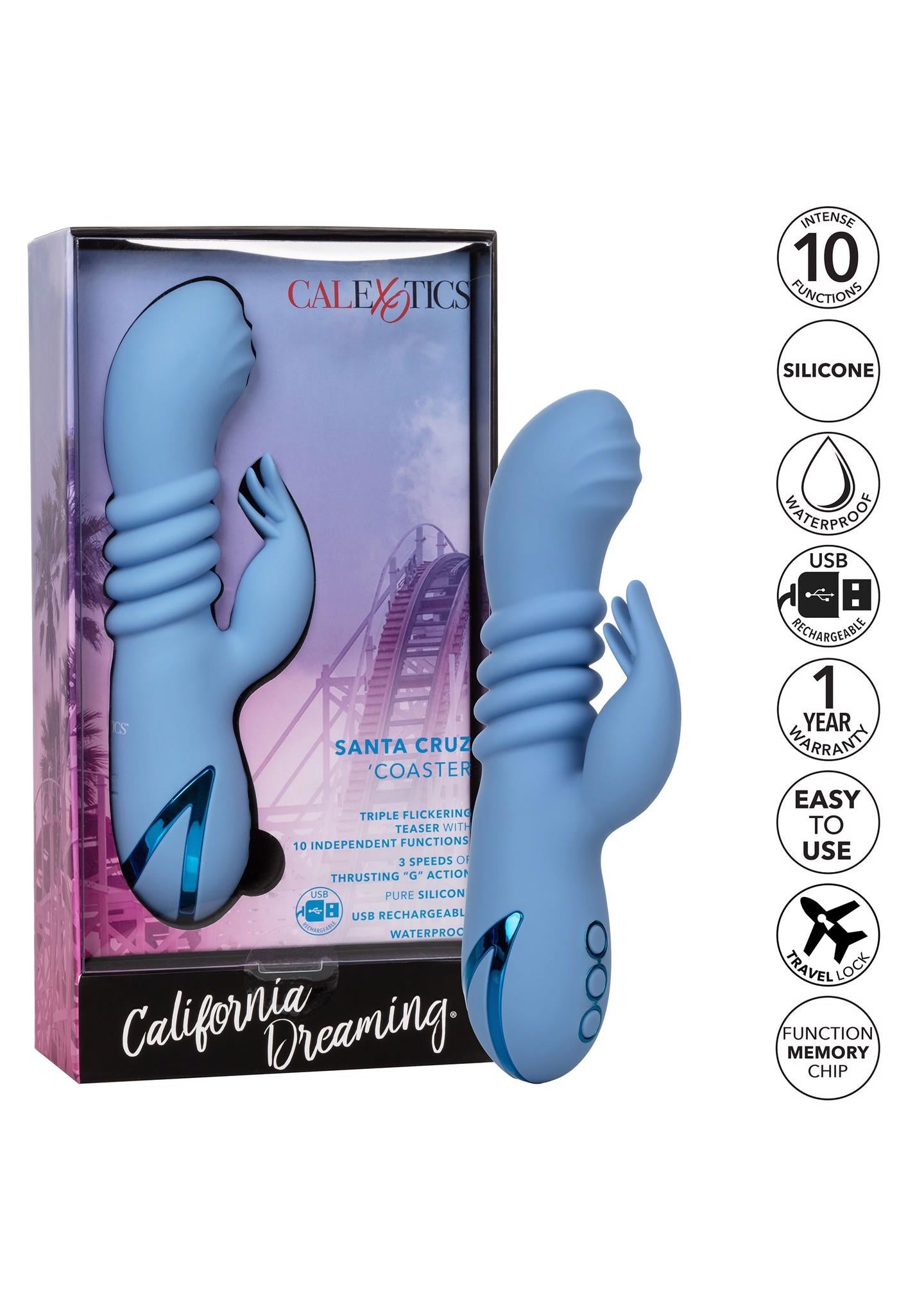 Vibrator Calexotics Santa Cruz Coaster din silicon, tip iepuraș, albastru