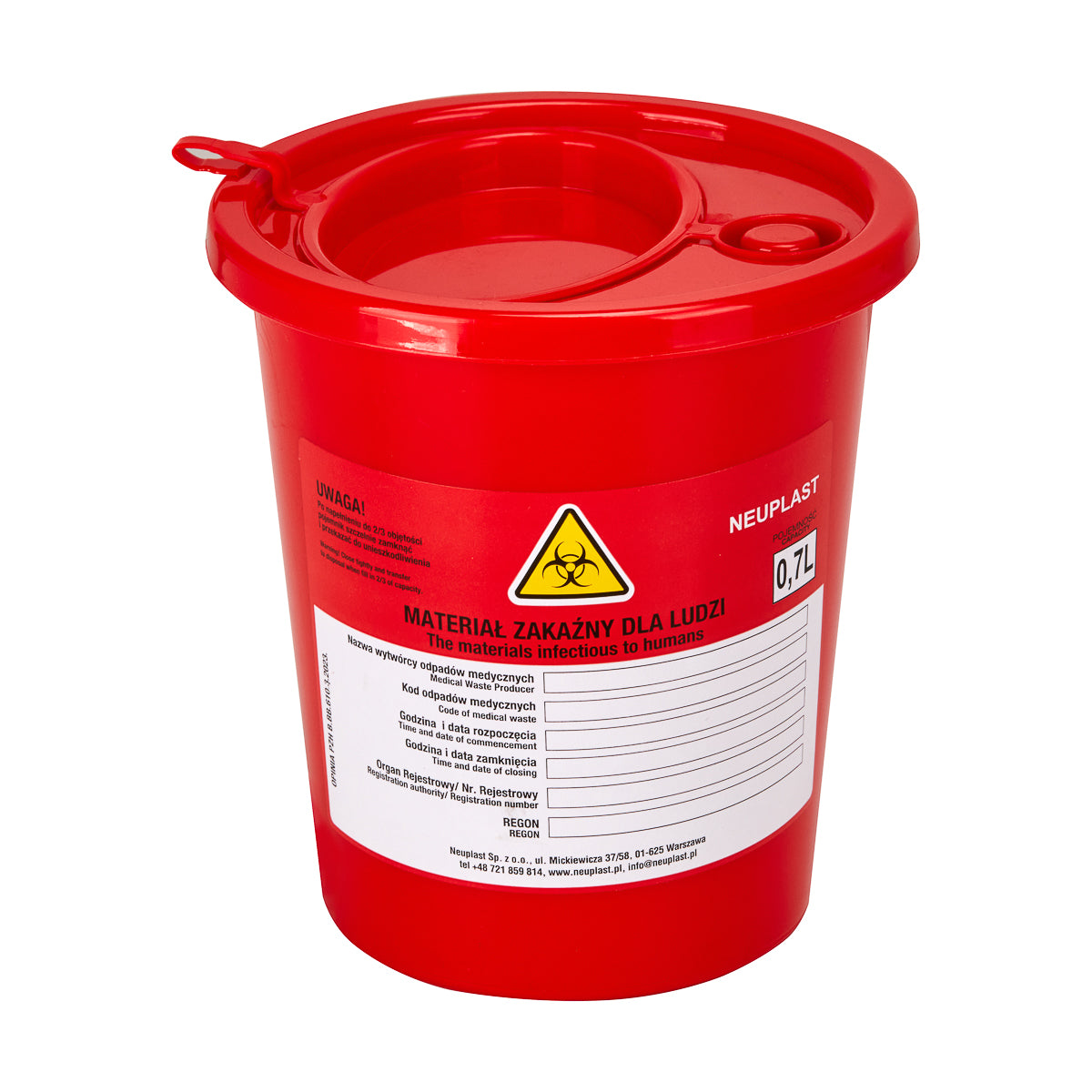 Recipient pentru deșeuri medicale 0,7 L roșu