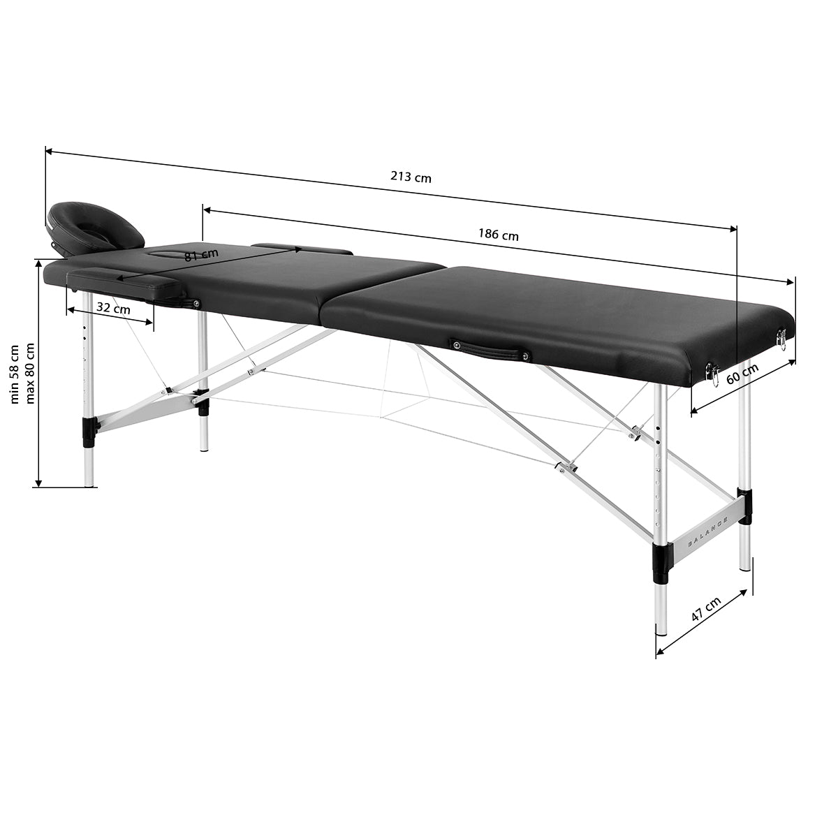 Masă de masaj pliabilă Balance, aluminiu, 2 segmente, neagră