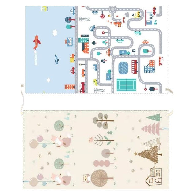 Covoras de Joaca pentru Copii Termic cu 2 Fete, Flippy, Model Vulpi si Pista de Masini, cu Spuma, Impermeabil,