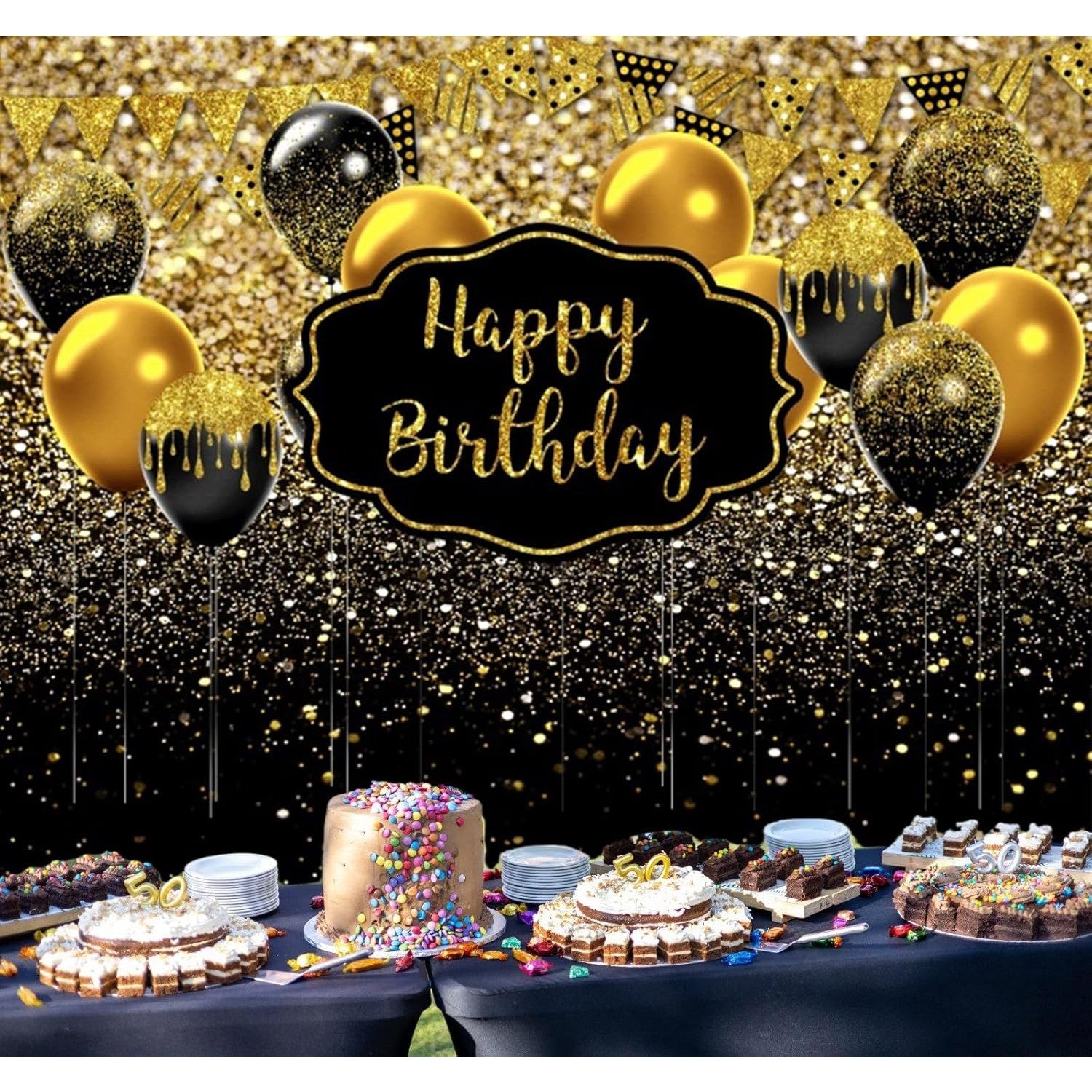Banner Tip Fundal pentru Poze, Flippy, din Panza, 185 x 110 cm, Sfoara 6 m, Prindere in 4 Colturi, Negru/Auriu