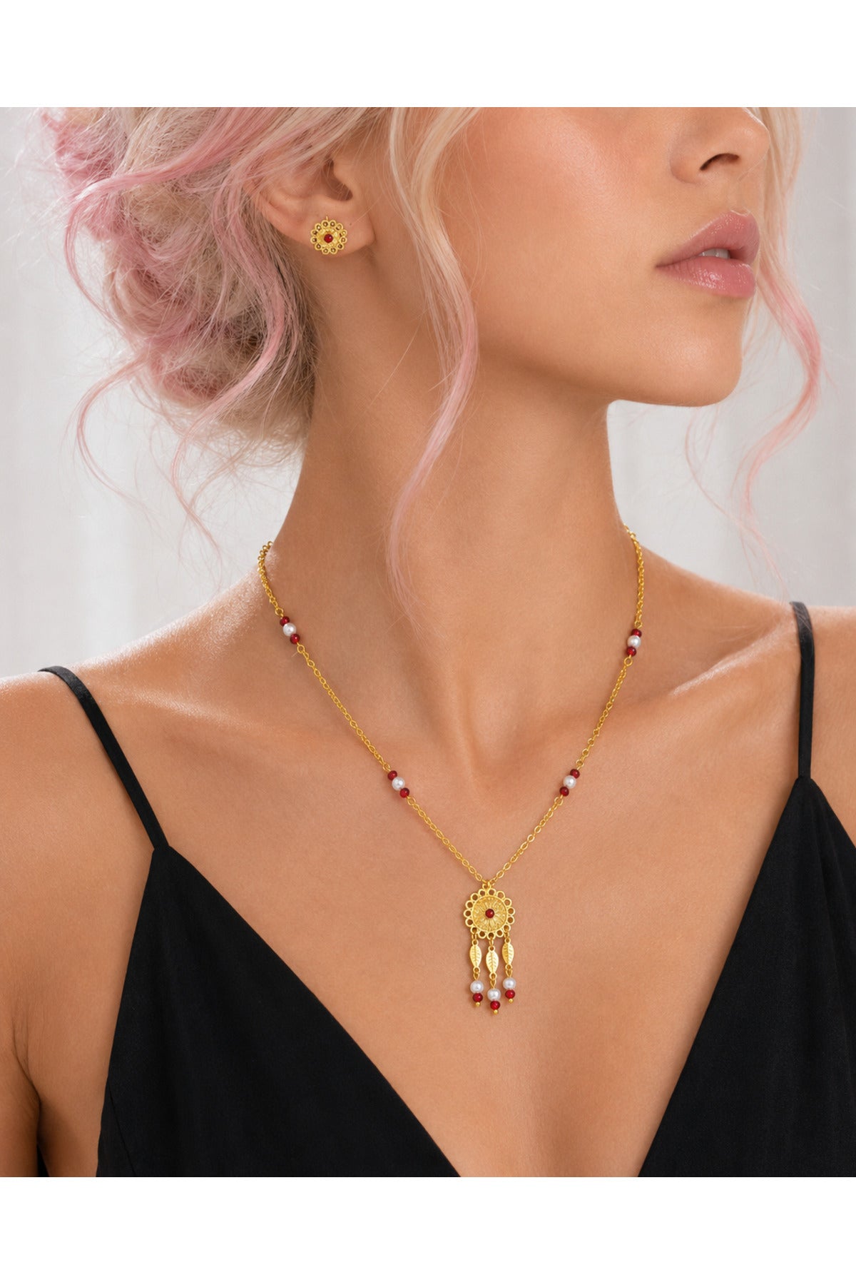 Set colier și cercei, Exotic, placat cu aur 18K