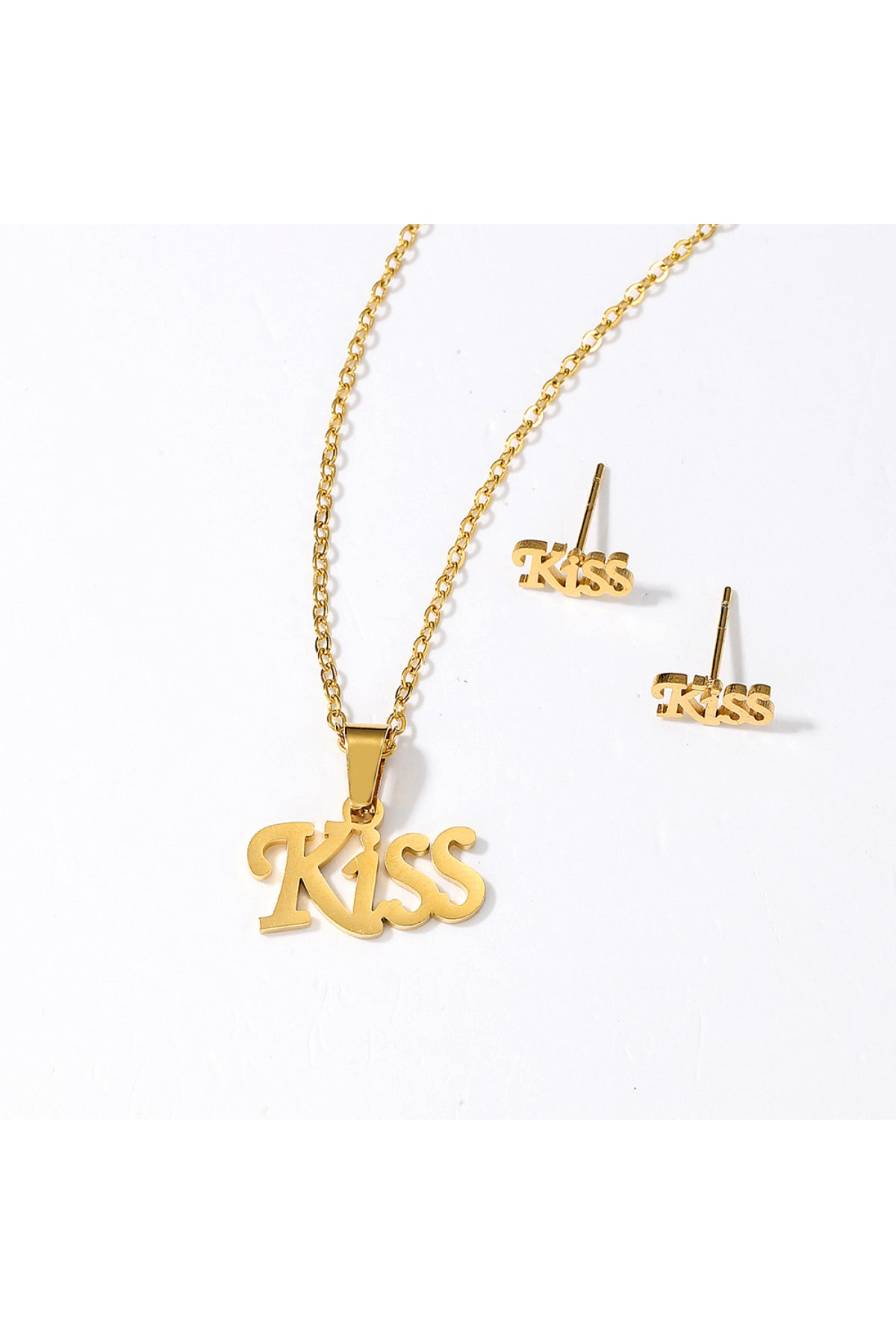Set colier și cercei cu mesaj „Kiss”, placat cu aur 18K