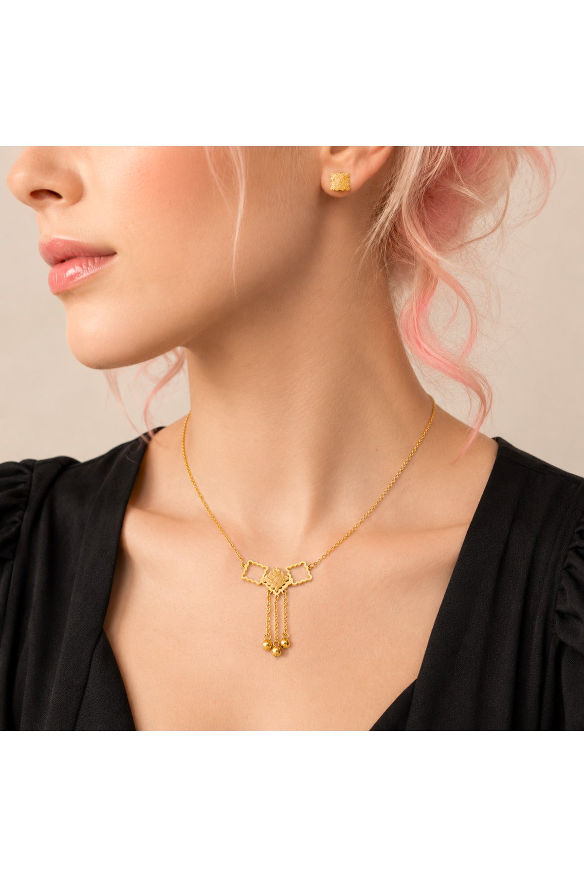 Set colier și cercei cu elemente pătrate, placat cu aur 18K