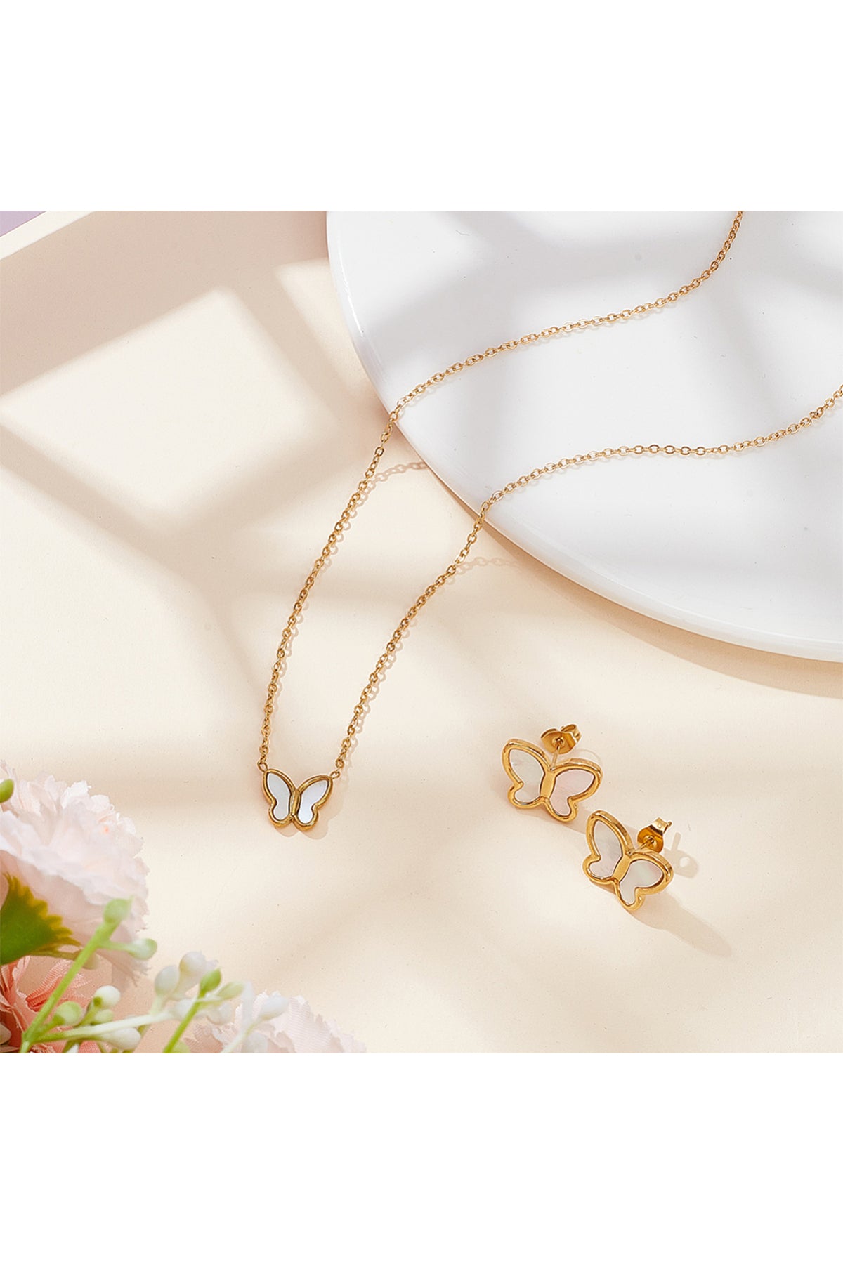 Set colier și cercei cu fluturi, placat cu aur 18K