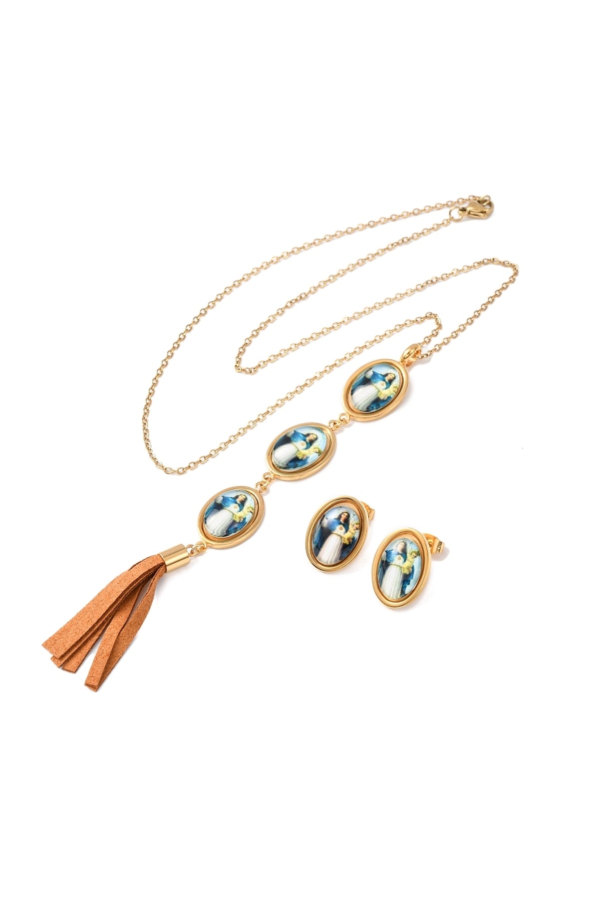 Set colier și cercei cu pandantiv oval, placat cu aur 18K