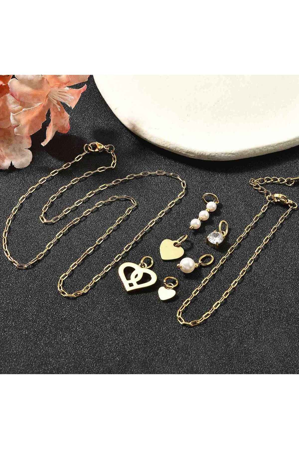 Set colier și brățară cu pandantiv inimă și perle, placat cu aur 14K