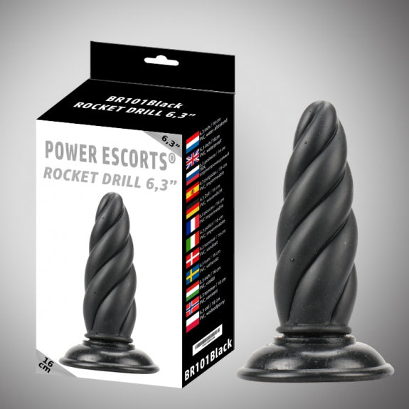 Plug anal gros cu burghiu Power Escorts, negru, 16 cm