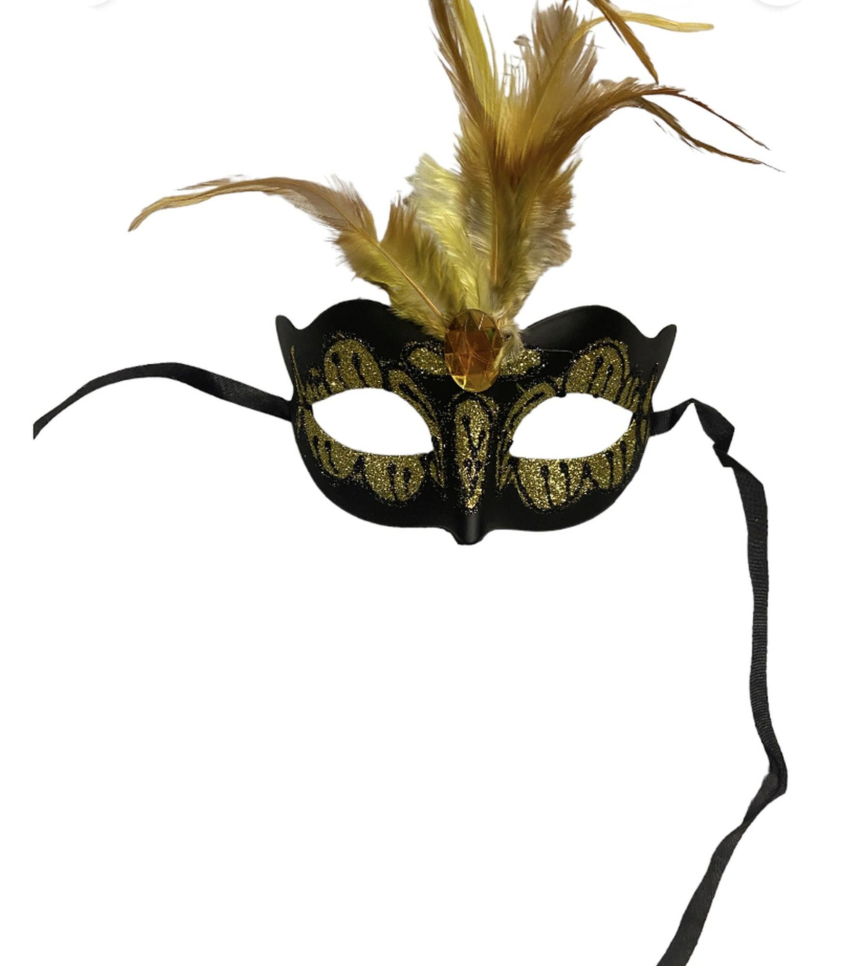Mască venețiană Kinky Mask galbenă cu piatră și pene