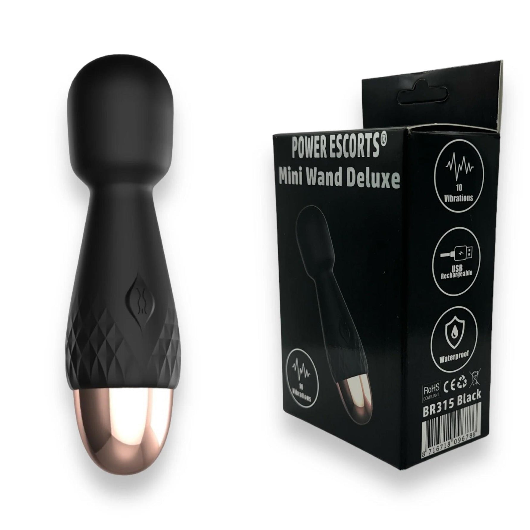 Mini vibrator cu baghetă Power Escorts, silicon, negru, USB, 11,6 cm