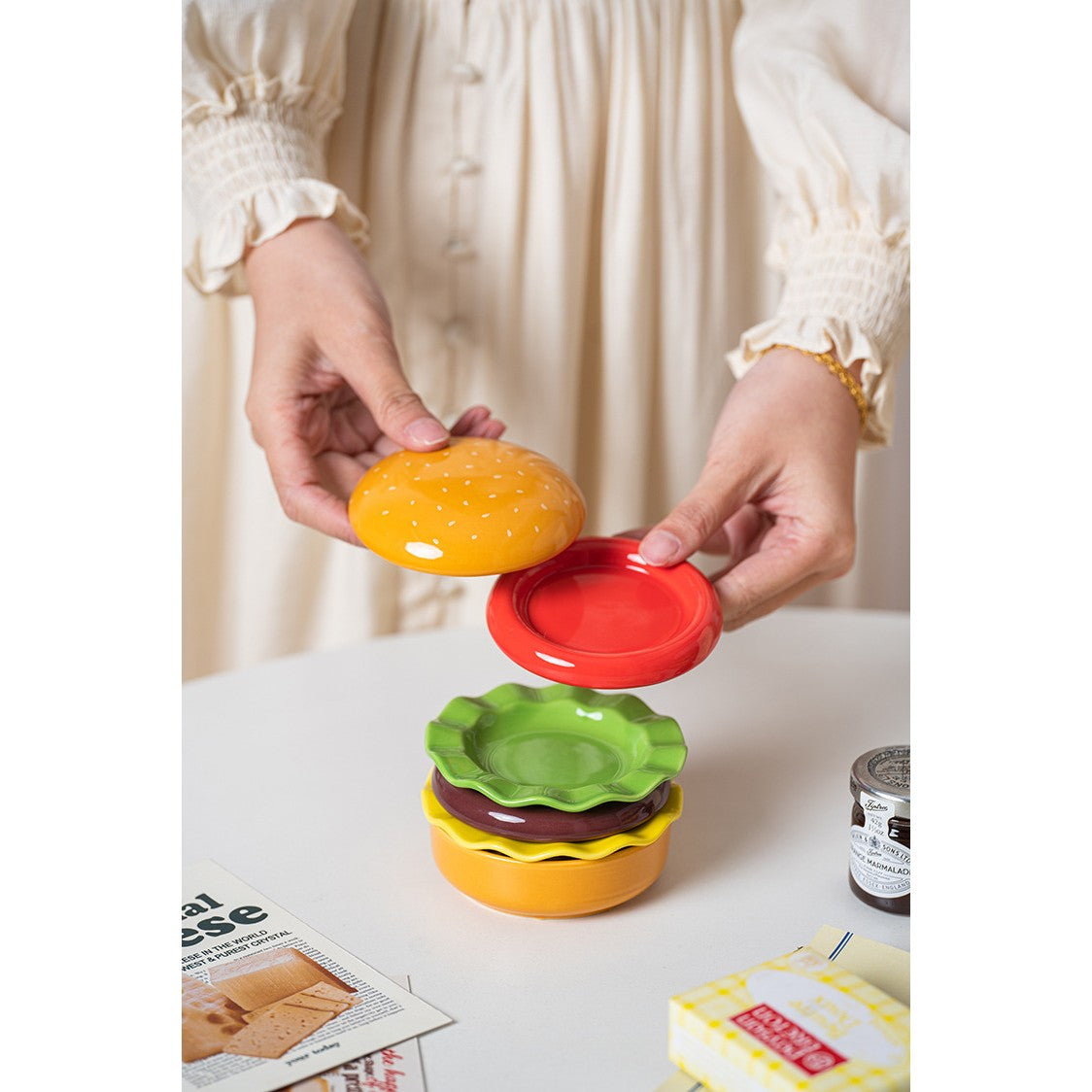 Set Farfurii Ceramice sub Forma de Burger, din Ceramica, pentru Sosuri si Gustari, Mini Farfurii Stivuibile, Multicolor