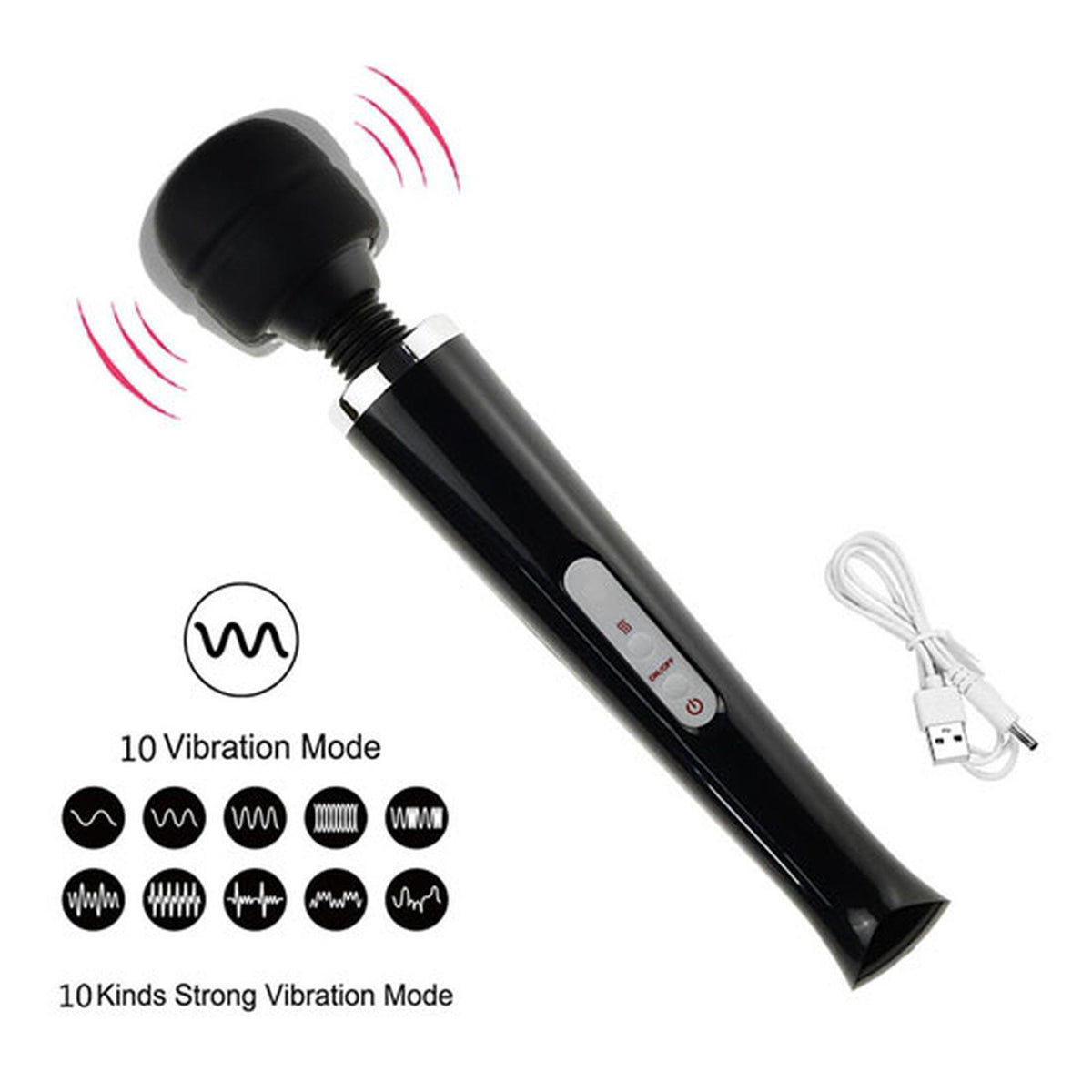 Stimulator Clitoridian USB Magic Wand din Silicon Negru, 10 Funcții
