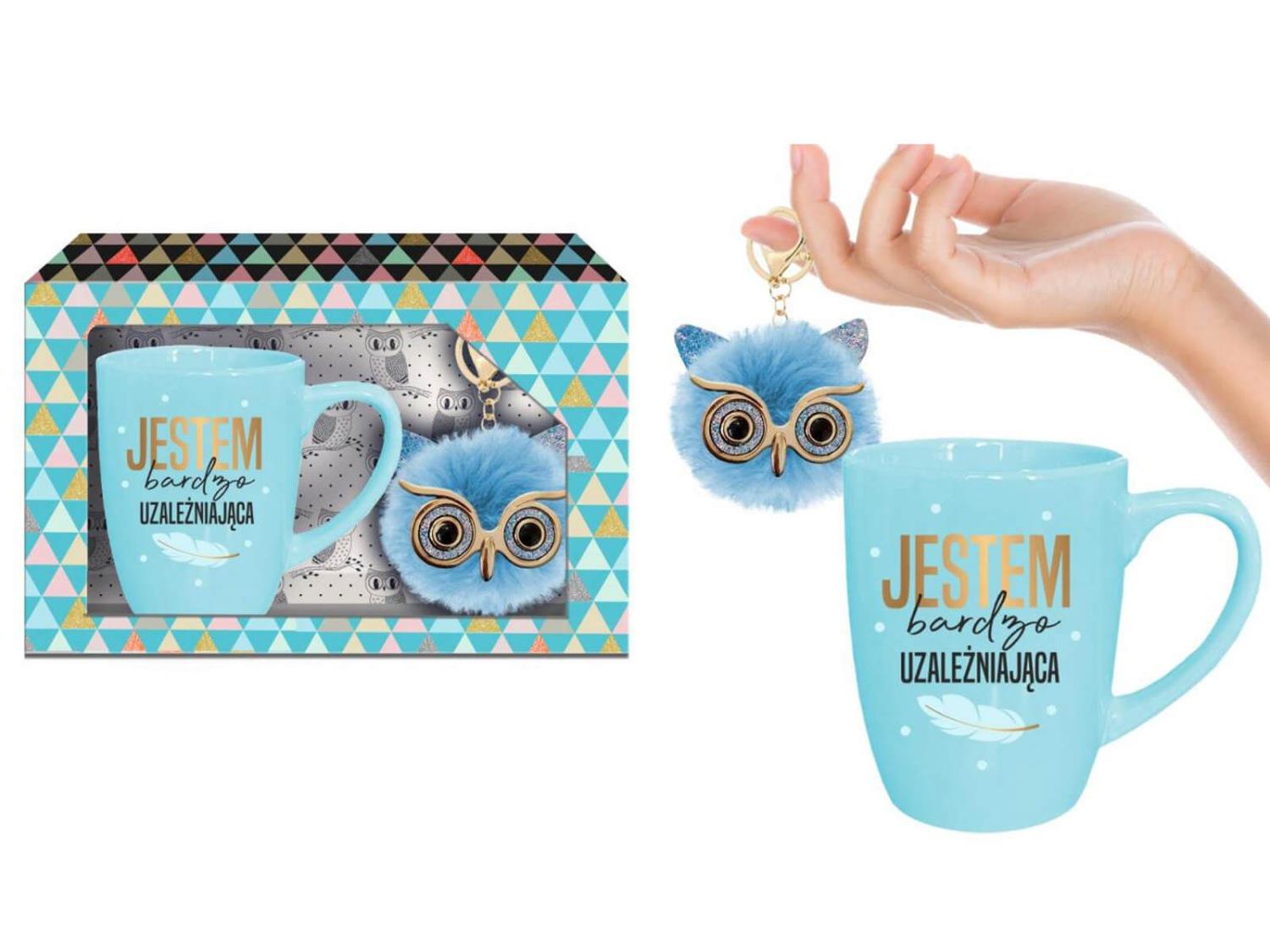 Set de căni albastre I'm Very Addictive 300ml cu breloc bufniță
