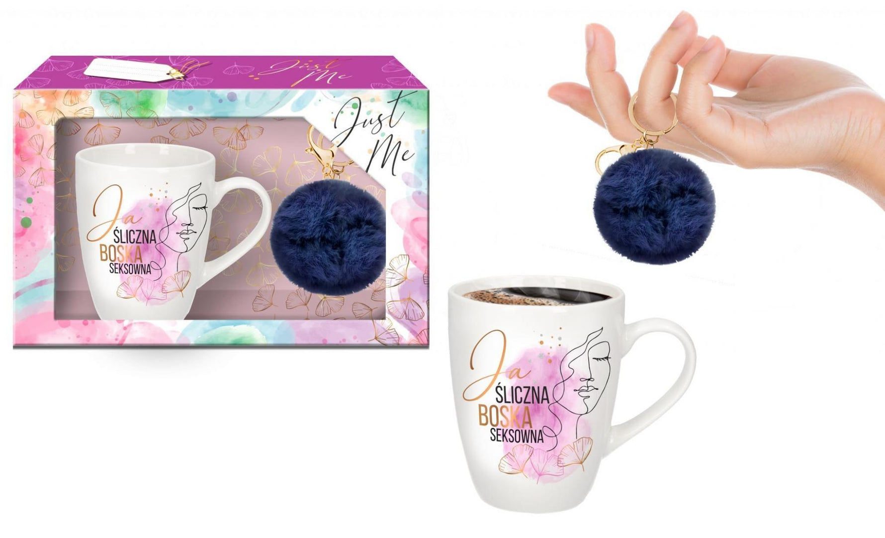 Set cană butoi JUST ME 300ml + pompoane bleumarin
