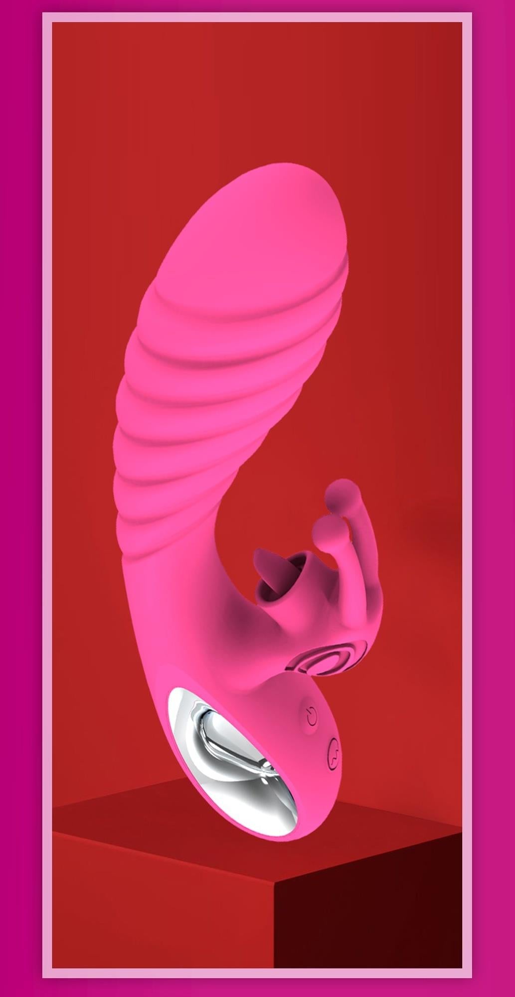 Vibrator Vicky din silicon cu model iepuraș, 36 de funcții, USB, roz