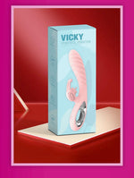 Vibrator Vicky din silicon cu model iepuraș, 36 de funcții, USB, roz