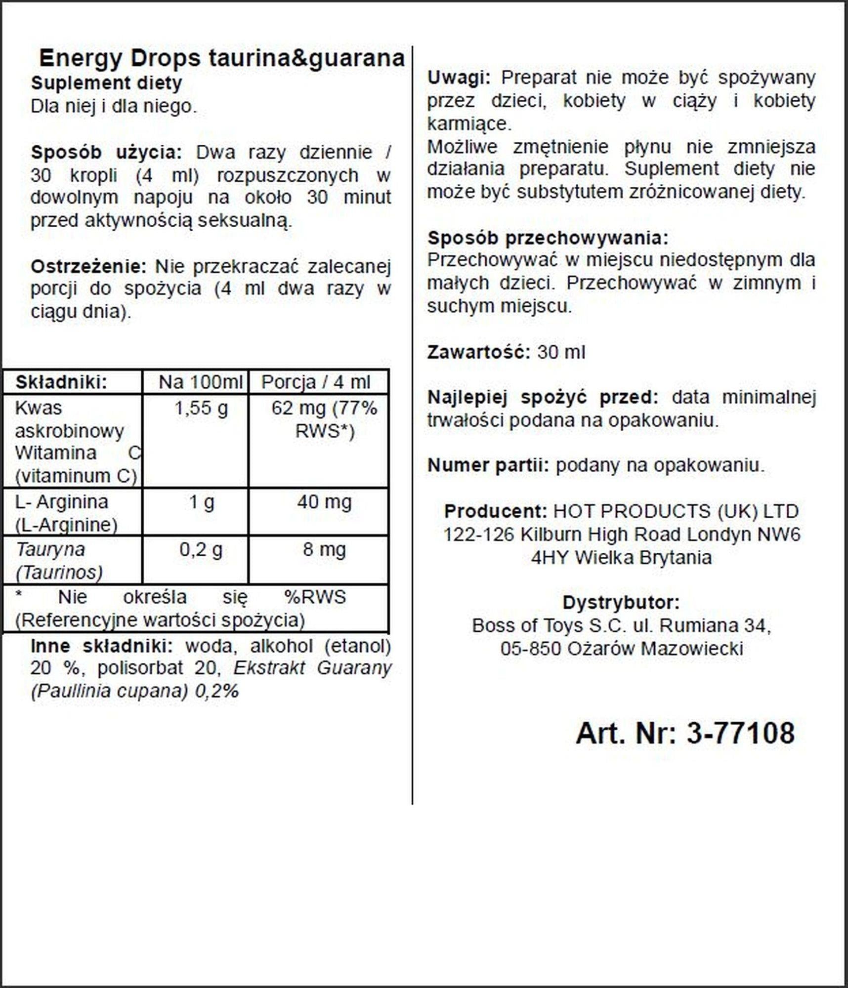Picături energizante cu taurină și guarana calde 30ml