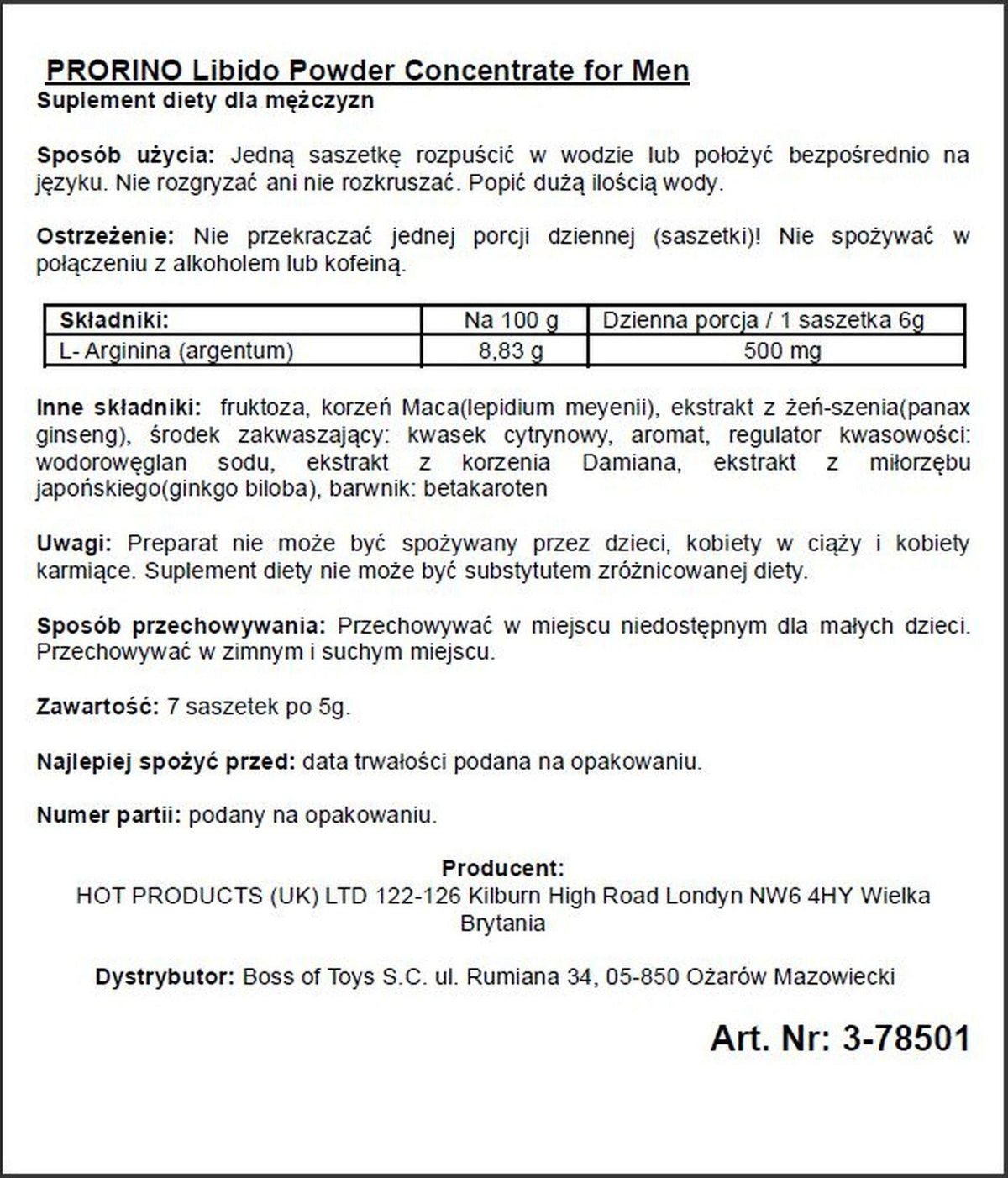 Pudră de potență Prorino Men Black Line Hot