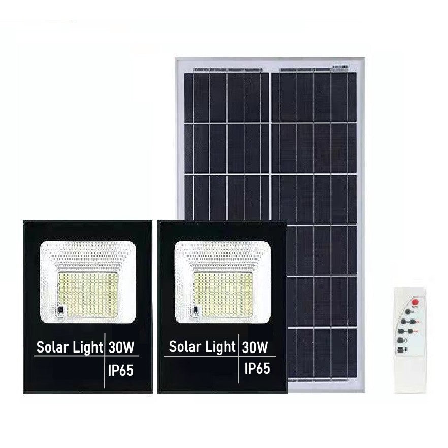 Set 2 proiectoare LED SMD 30W cu incarcare solara Flippy, panou solar, cu telecomanda, suport prindere, material ABS,