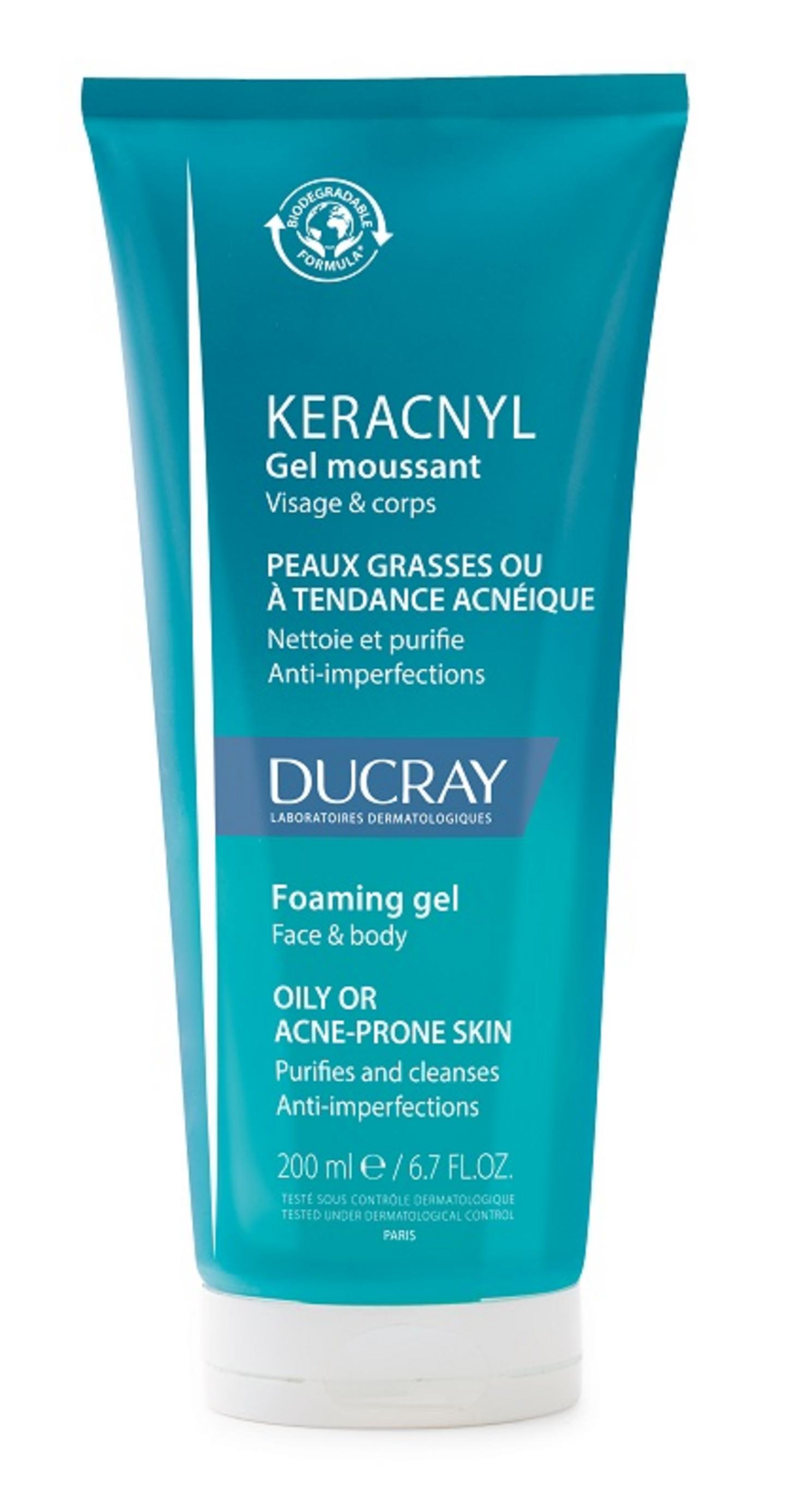 Ducray, Keracnyl, Biodegradabil, Parfum, Curățare, Gel de duș, Față, Oily, 200 ml