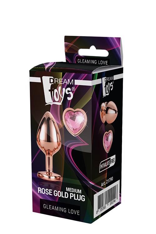 Plug anal Gleaming Love din aluminiu, roz auriu, mediu, 3,4 cm