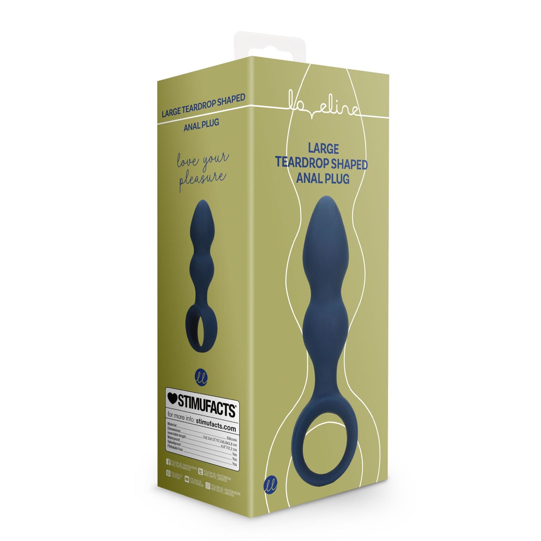 Plug anal tip lacrimă din silicon Loveline, mare, albastru, 12 cm