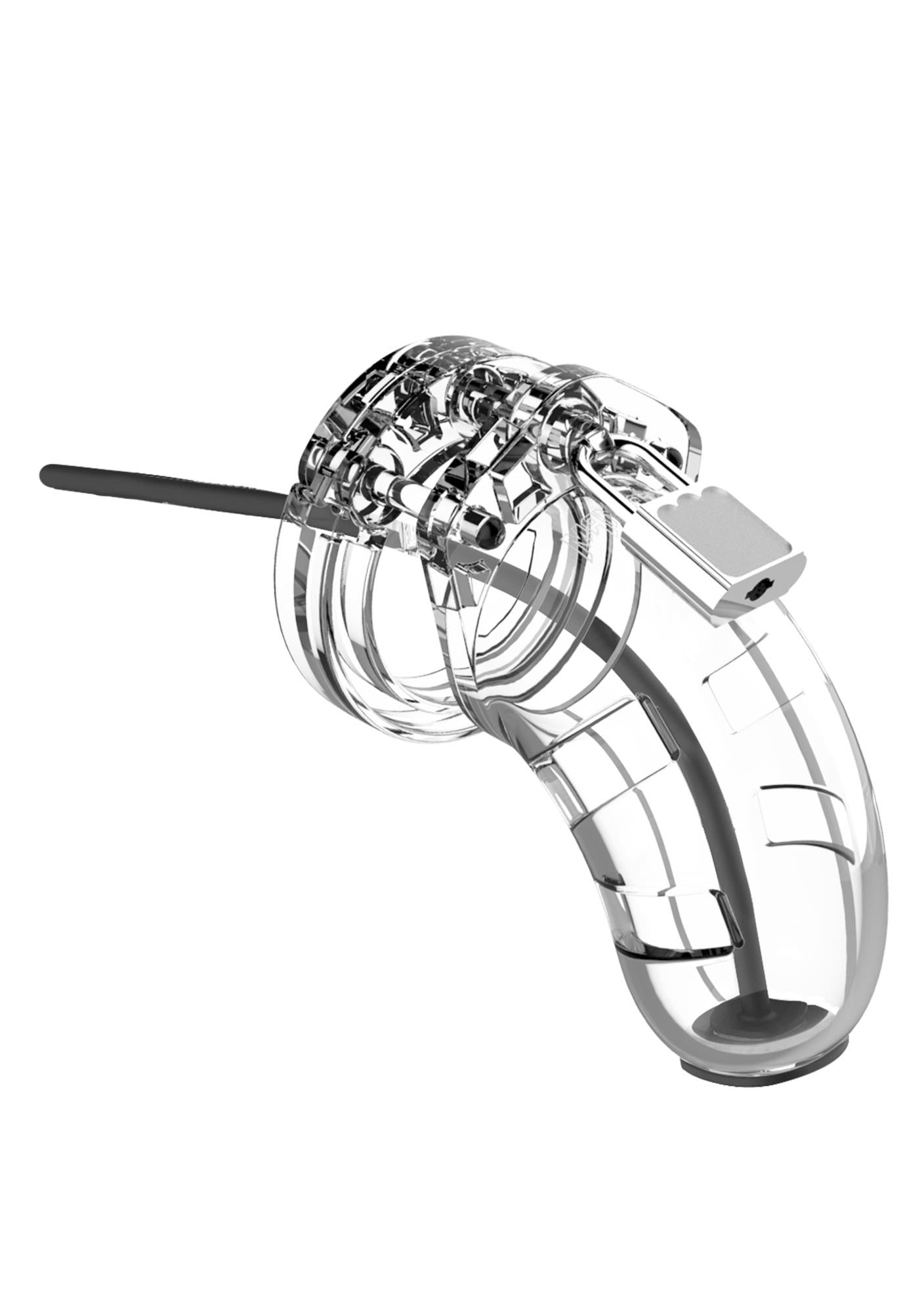 Centură de castitate transparentă ManCage Model 15 cu dilatator uretral de 20 cm