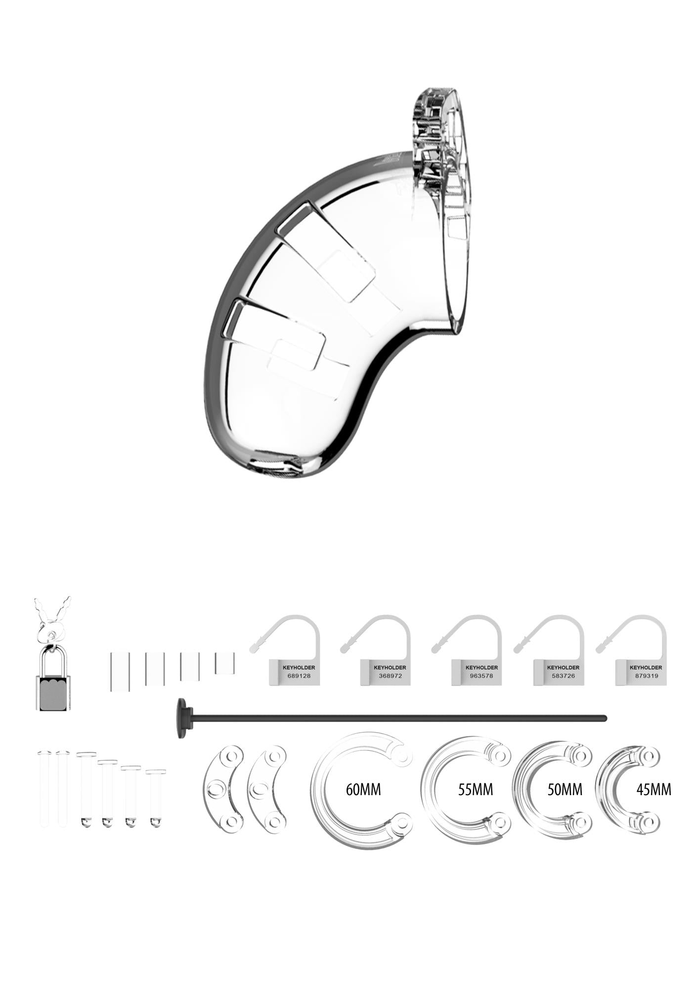 Centură de castitate transparentă ManCage Model 15 cu dilatator uretral de 20 cm
