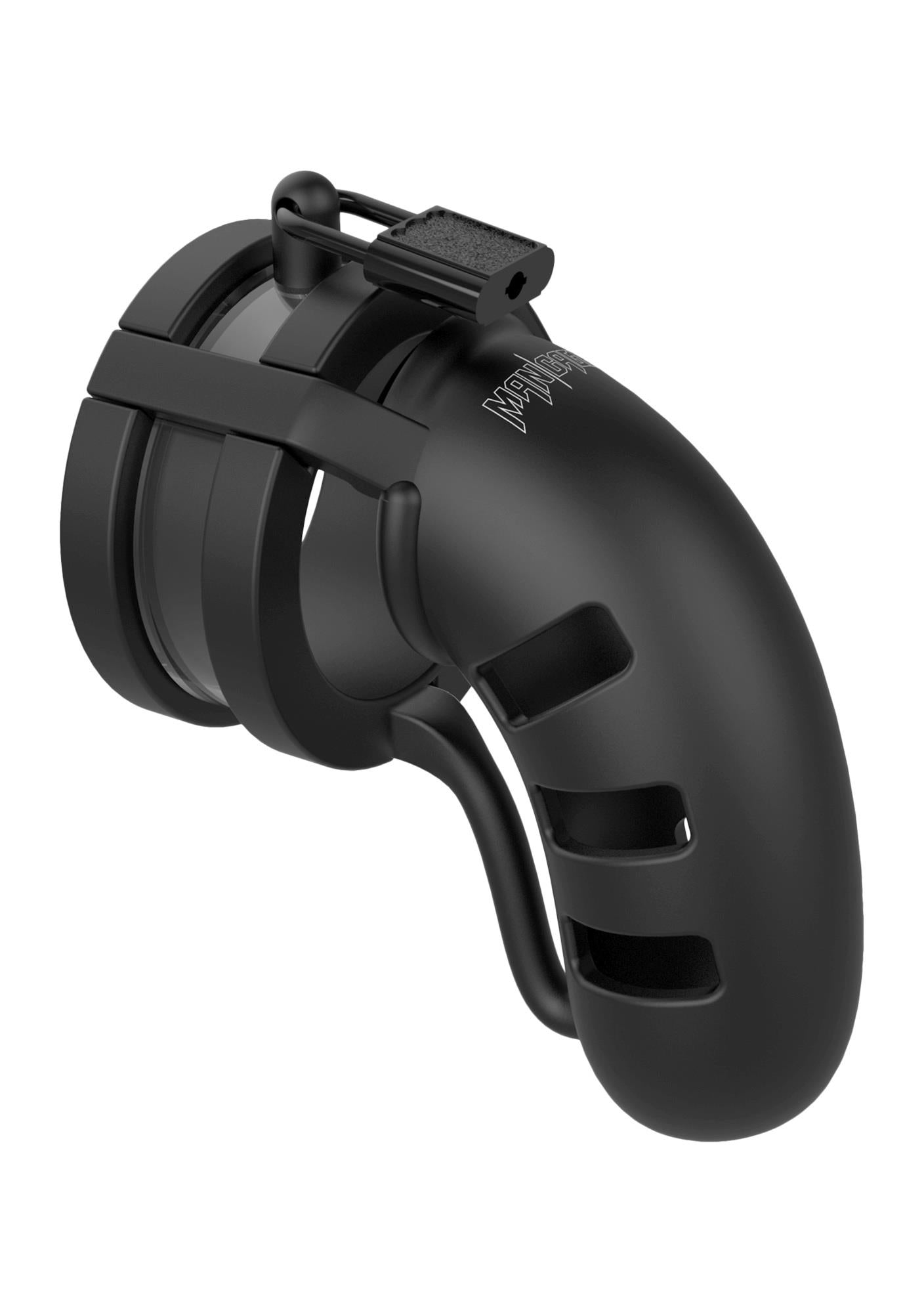 Centură de castitate ManCage Model 19 din silicon, 11 cm, neagră, cu divizor de bile