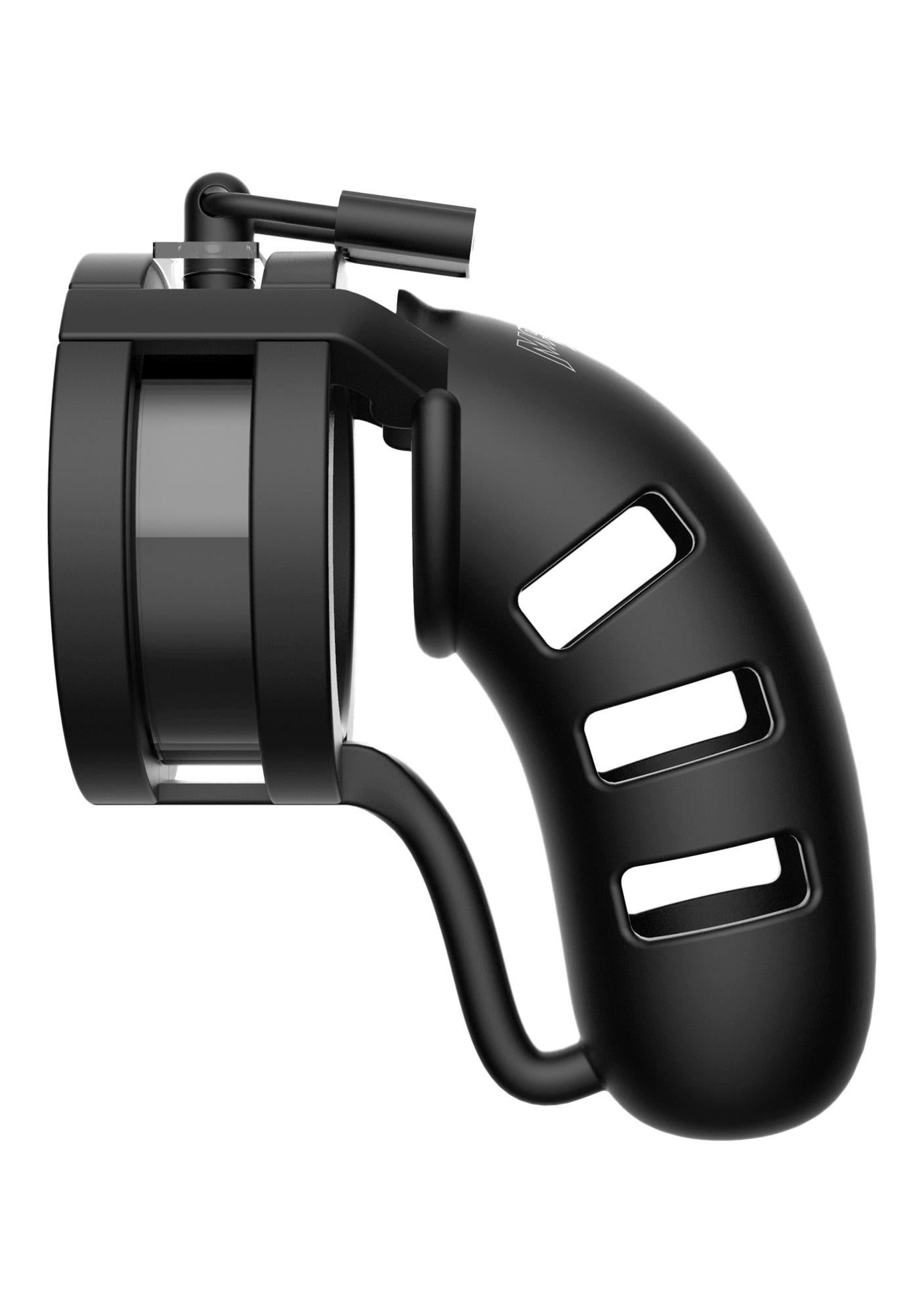 Centură de castitate ManCage Model 19 din silicon, 11 cm, neagră, cu divizor de bile
