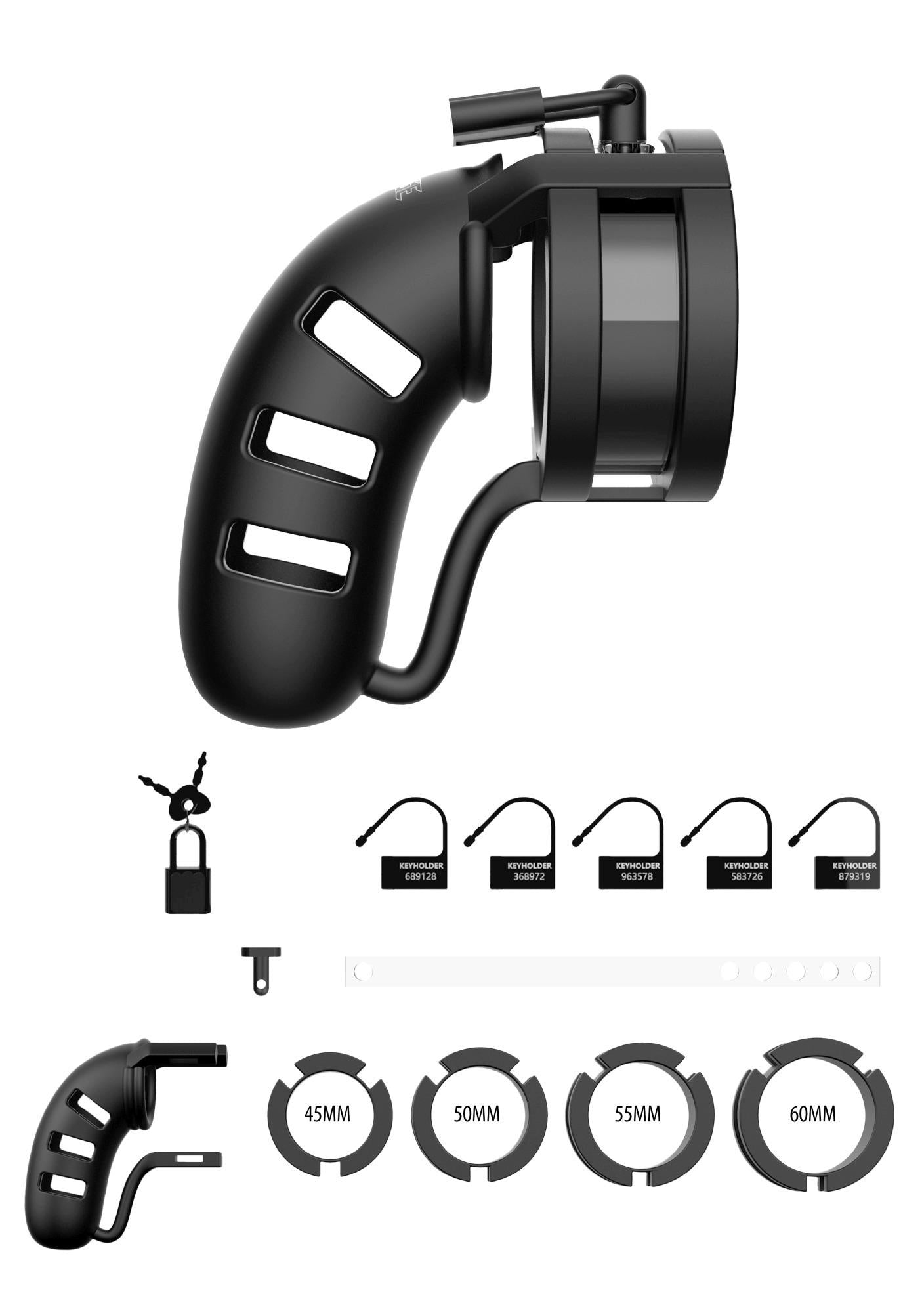 Centură de castitate ManCage Model 19 din silicon, 11 cm, neagră, cu divizor de bile
