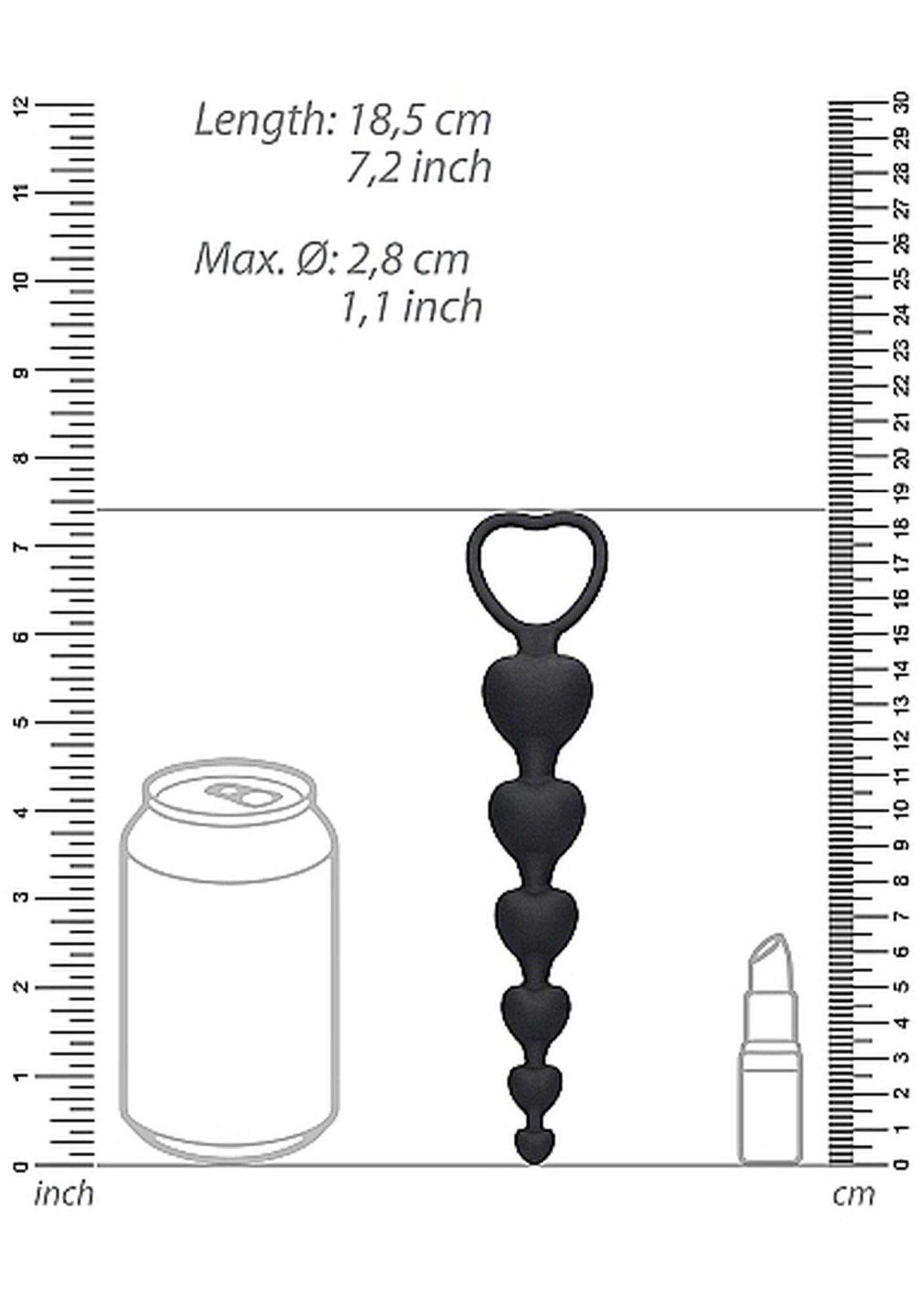 Lanț anal cu mărgele din silicon, cu inimă, negru, 14 cm