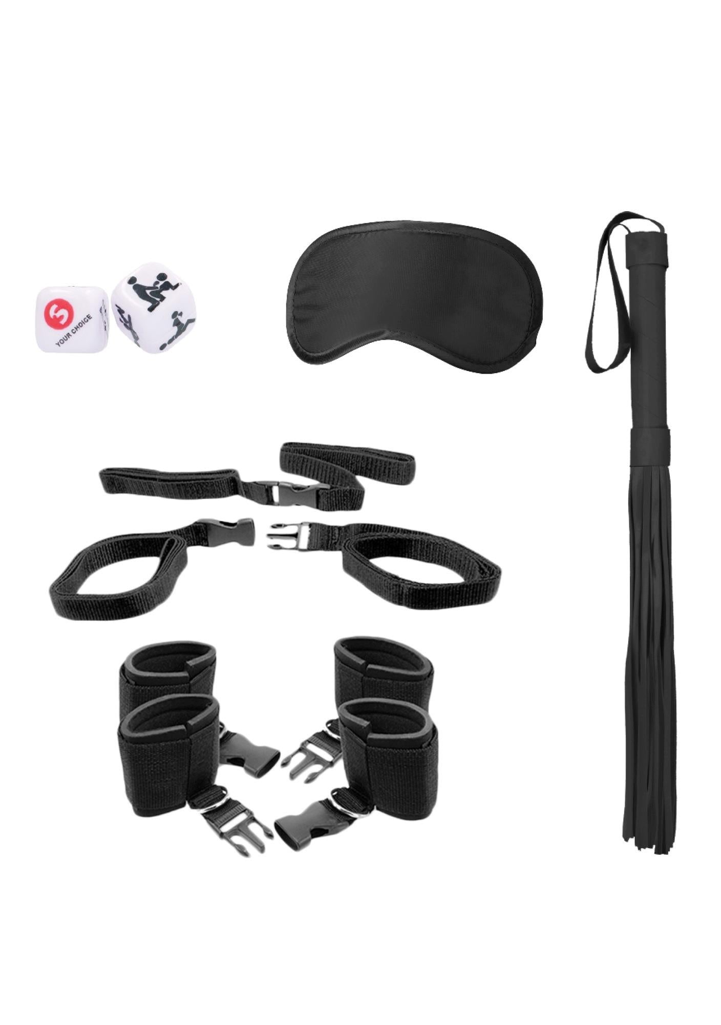 Set de cătușe de pat Ouch! cu bici și mască