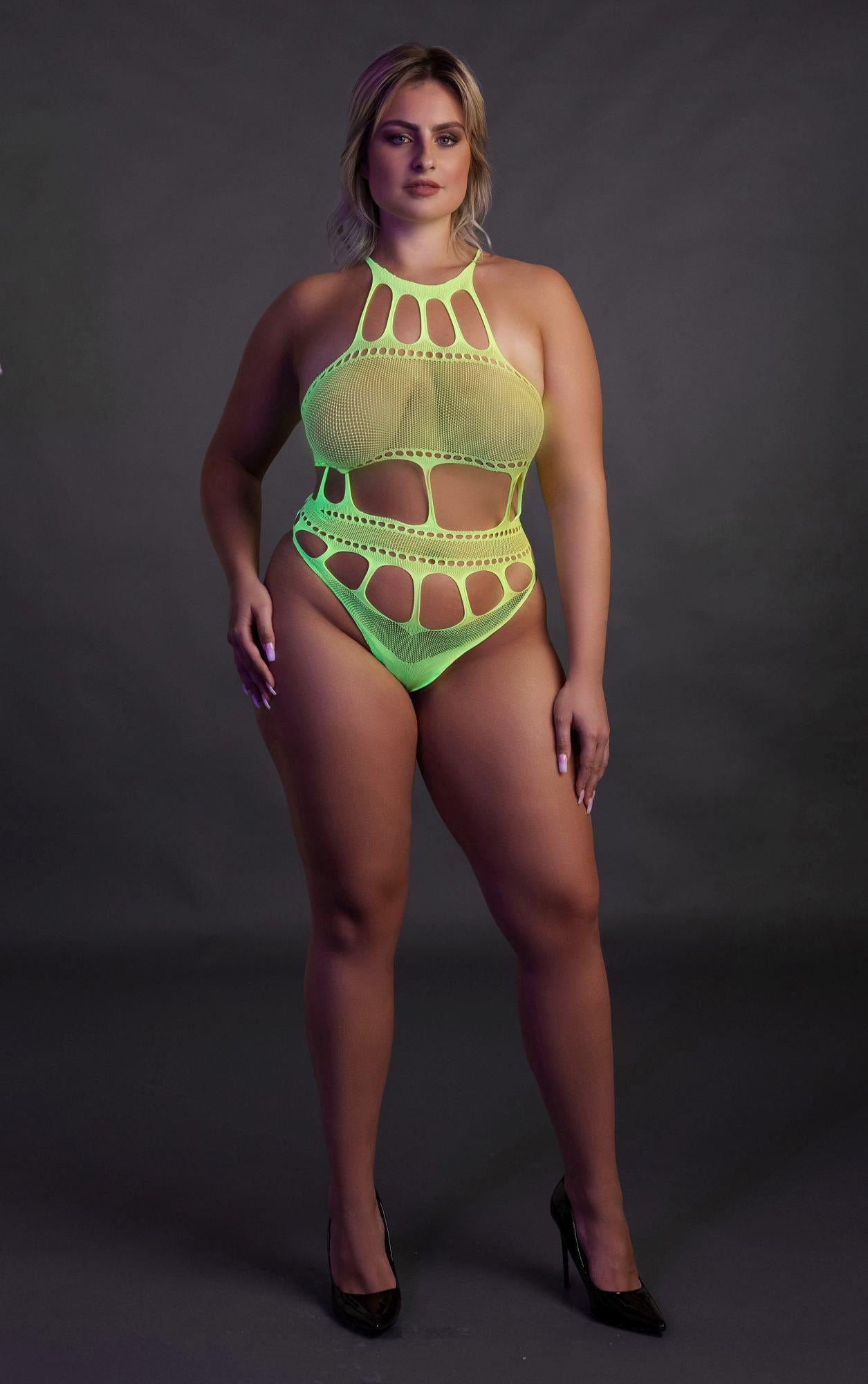 Body Ouch verde neon cu decolteu grecesc XL XXXXL
