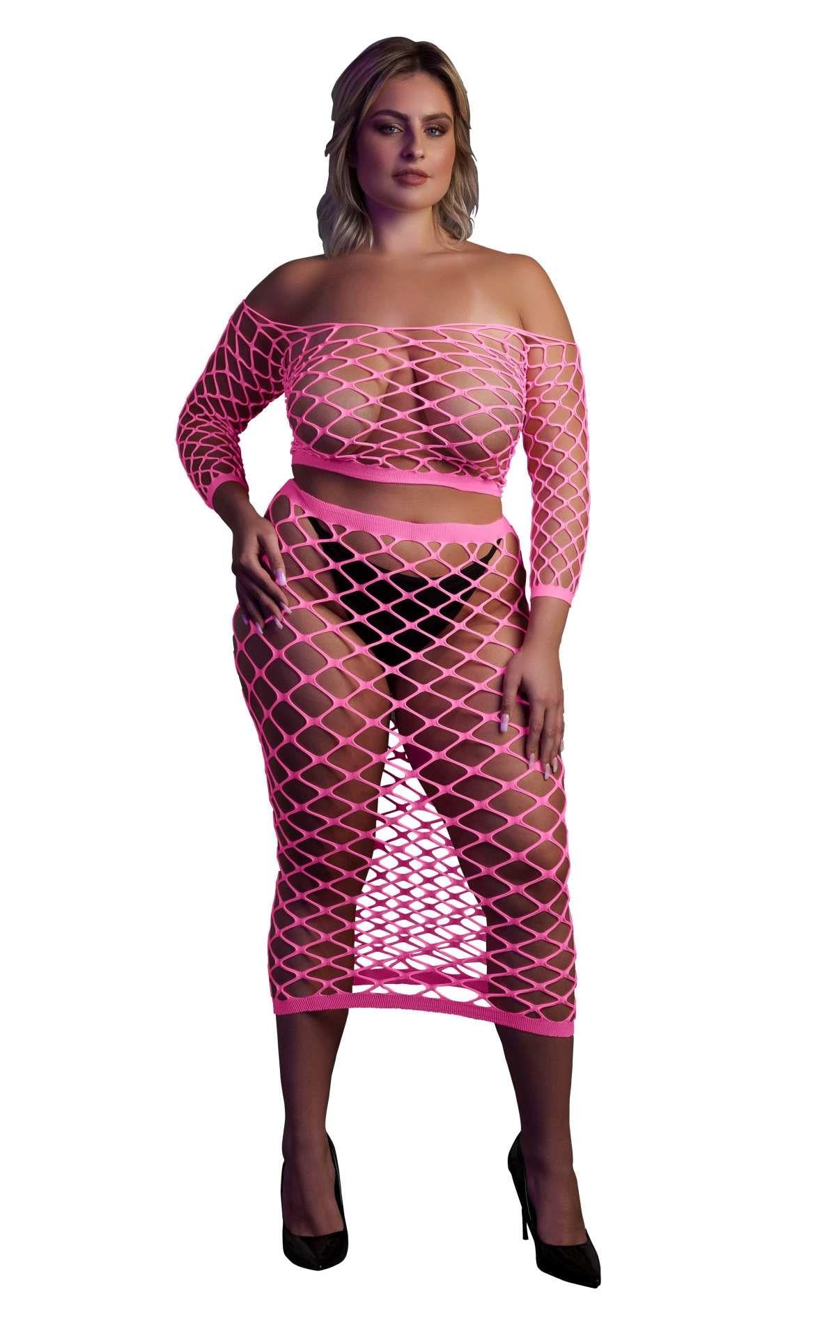 Au! Set lenjerie intimă cu fustă și top lung UV neon XL XXXXL