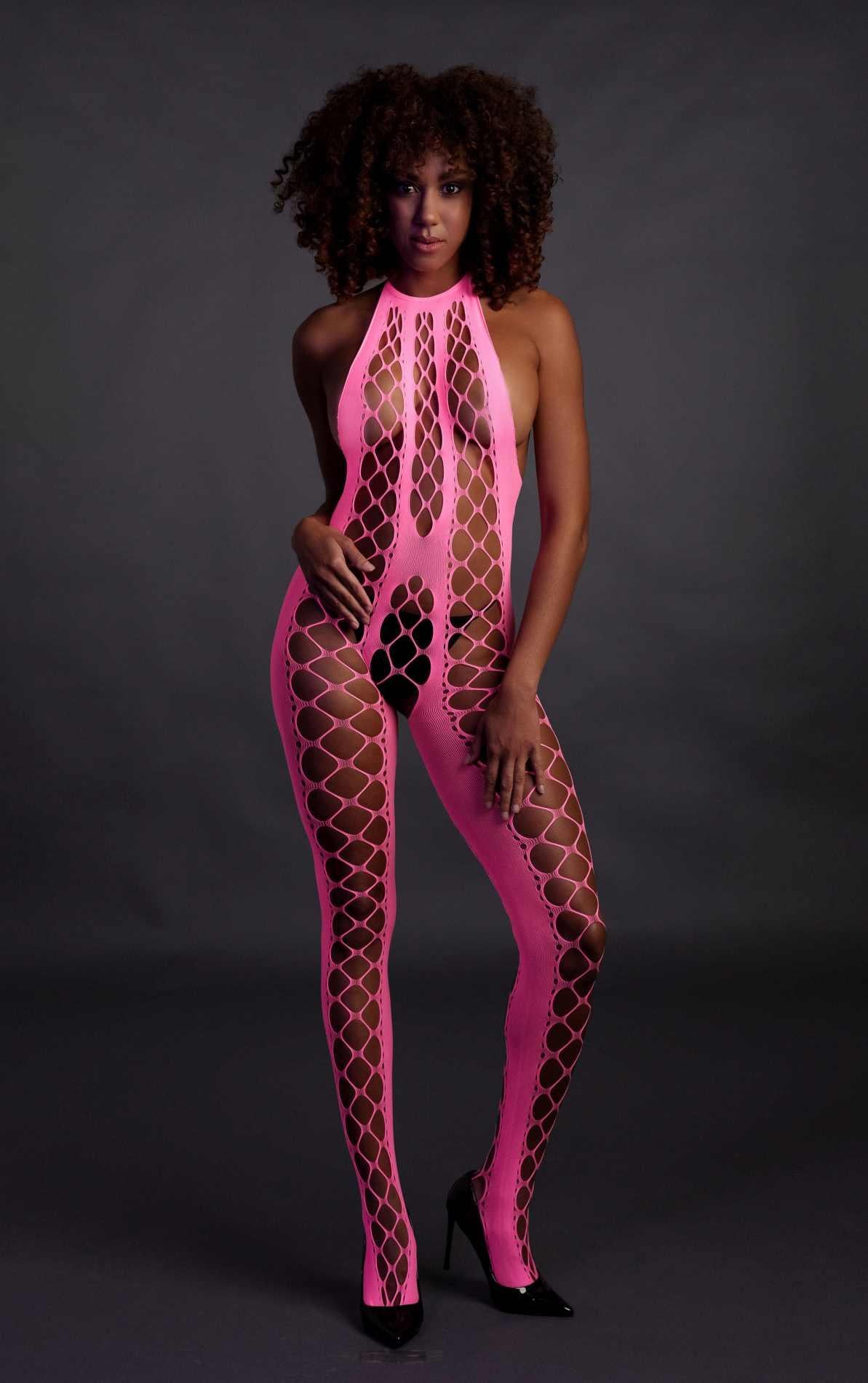 Body Ouch neon cu guler înalt roz XS XL