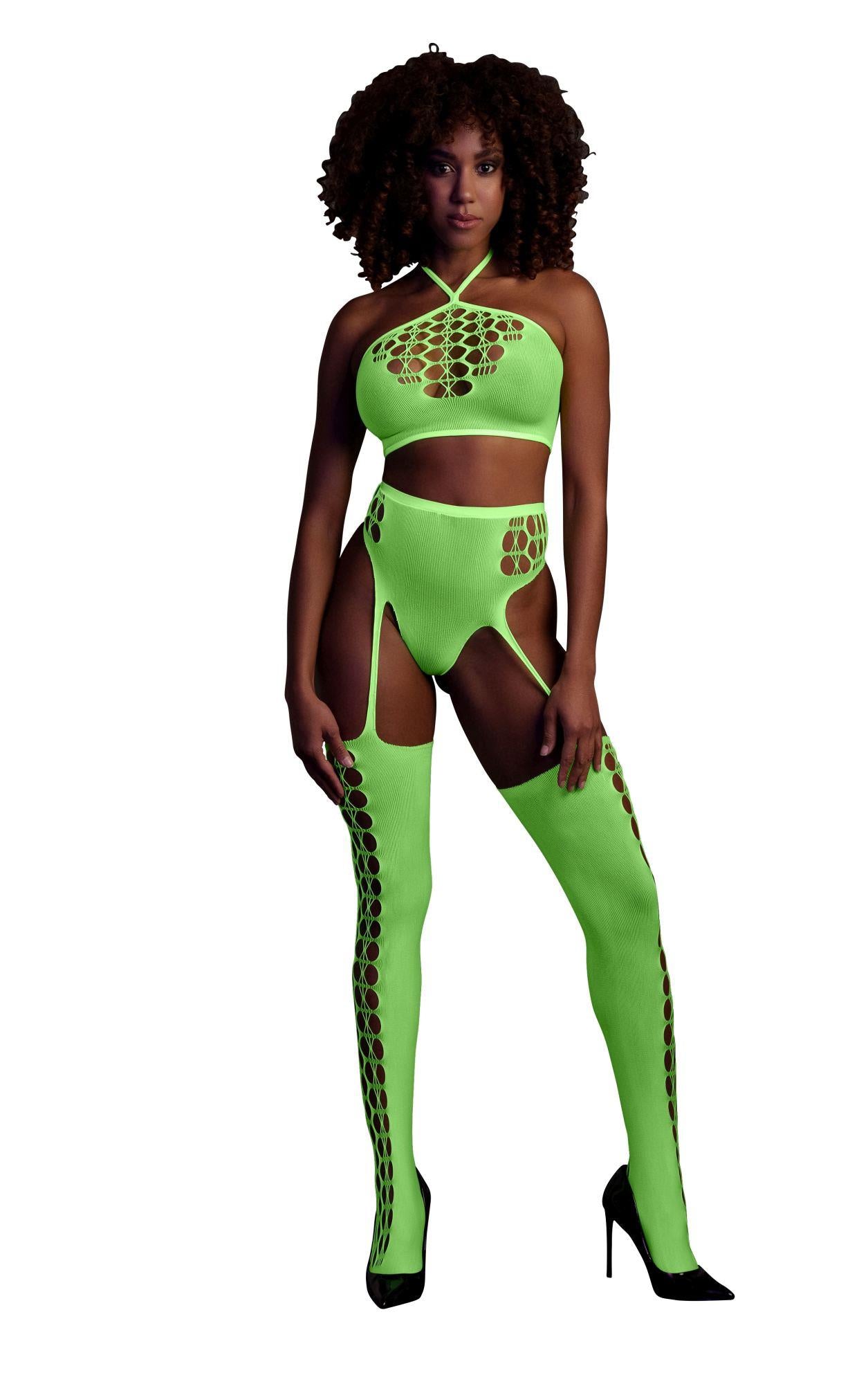 Au! Set top scurt și ciorapi verde neon XS/XL